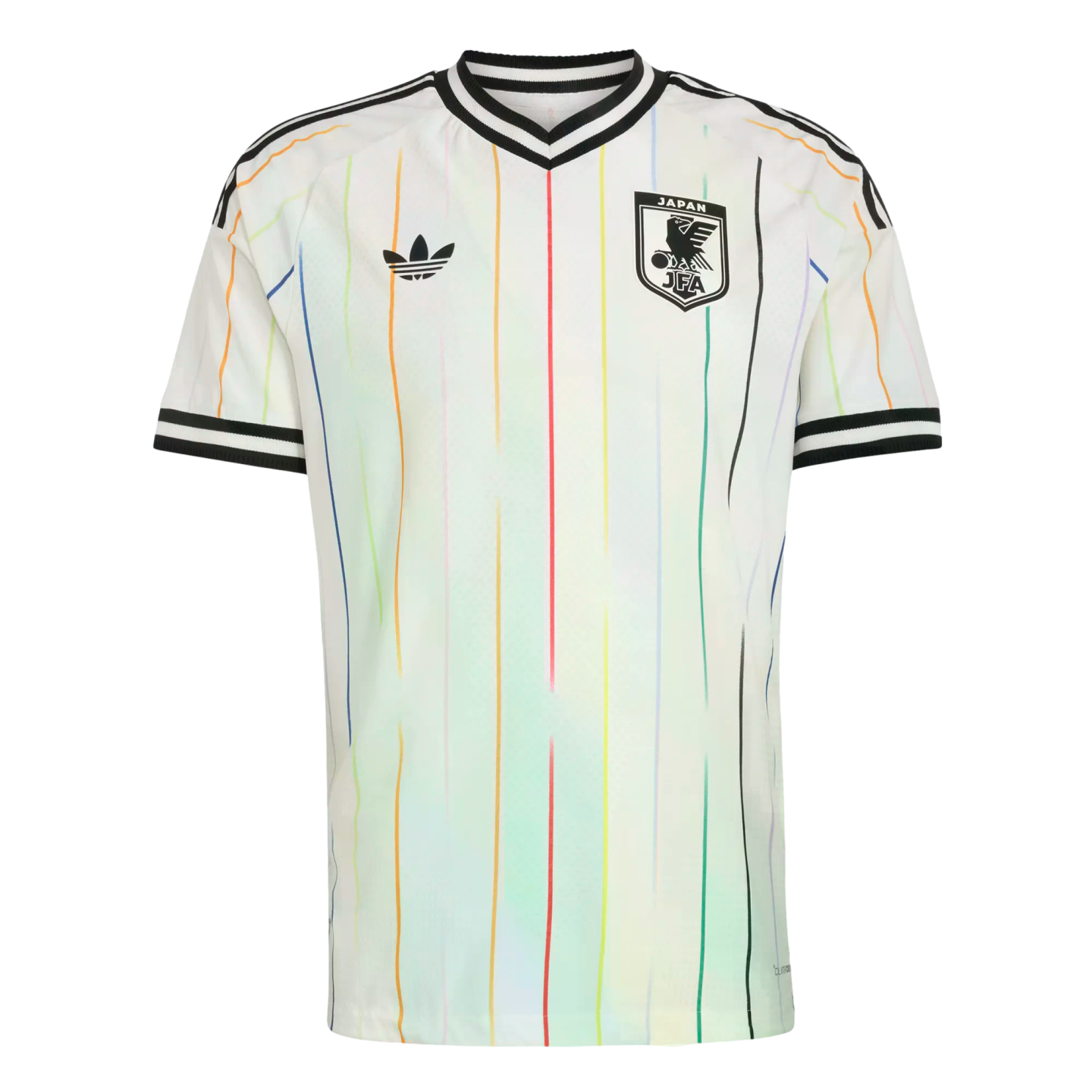 White Adidas Japan soccer jersey featuring vertical rainbow pinstripes, black trefoil logo, and JFA crest.