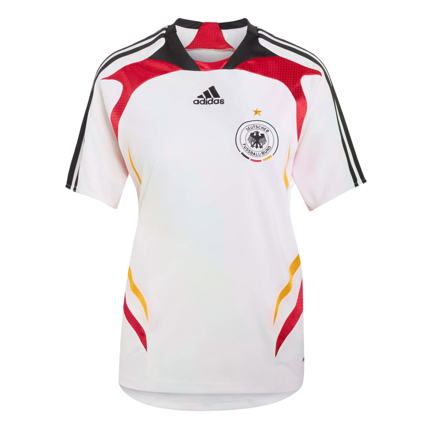 A white Adidas Germany national football team jersey with red, black, and gold accents, featuring the team crest and a single star.