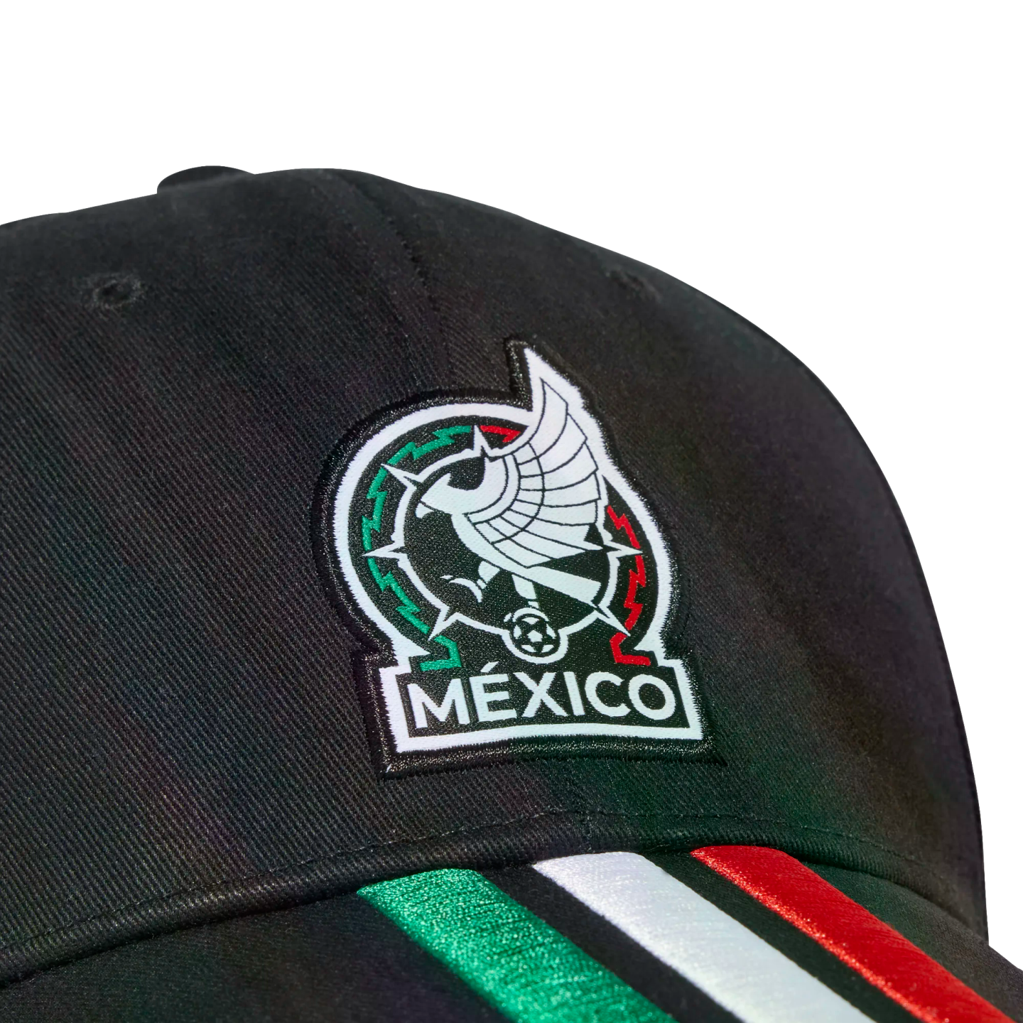 A black baseball cap featuring the Mexico national football team crest on the front and green, white, and red stripes on the brim.