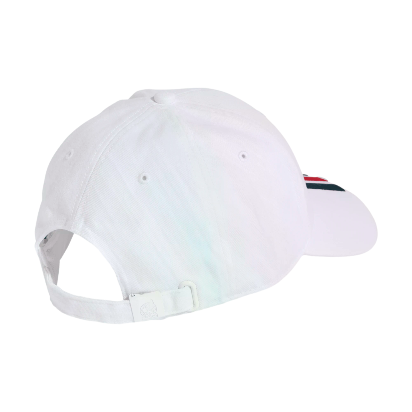 Rear view of a white baseball cap against a black background, featuring an adjustable strap and a small red, white, and blue striped detail on the side of the brim.