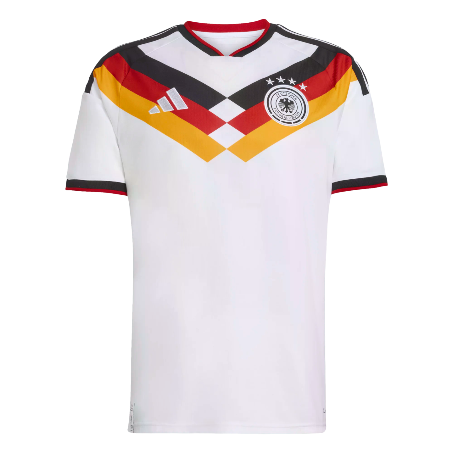 White Germany home football jersey featuring a bold black, red, and gold V-shaped pattern on the chest, team crest, and silver Adidas logo.