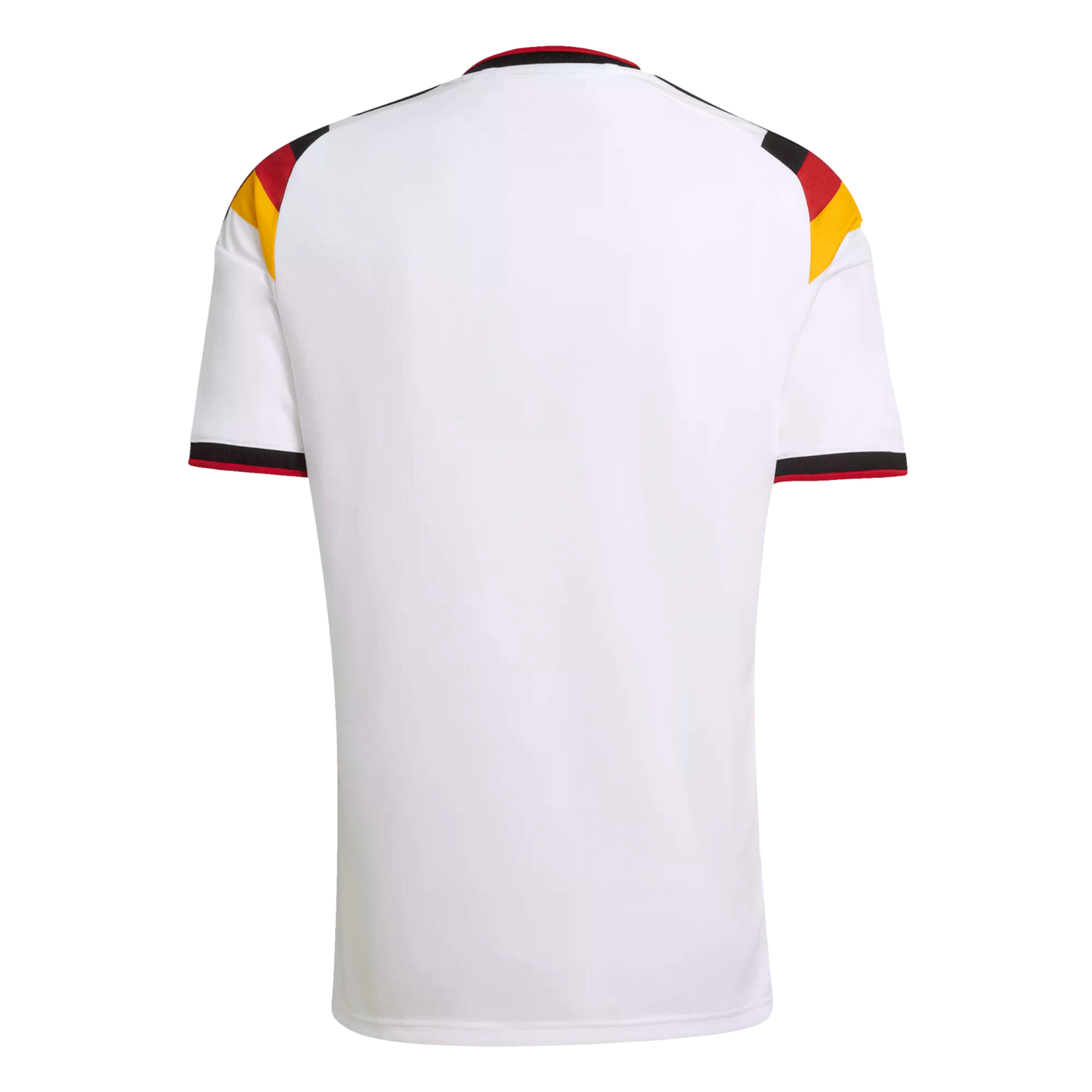Back view of a white short-sleeved jersey with German flag colors (black, red, and yellow) on the shoulders and cuffs, displayed against a solid black background.