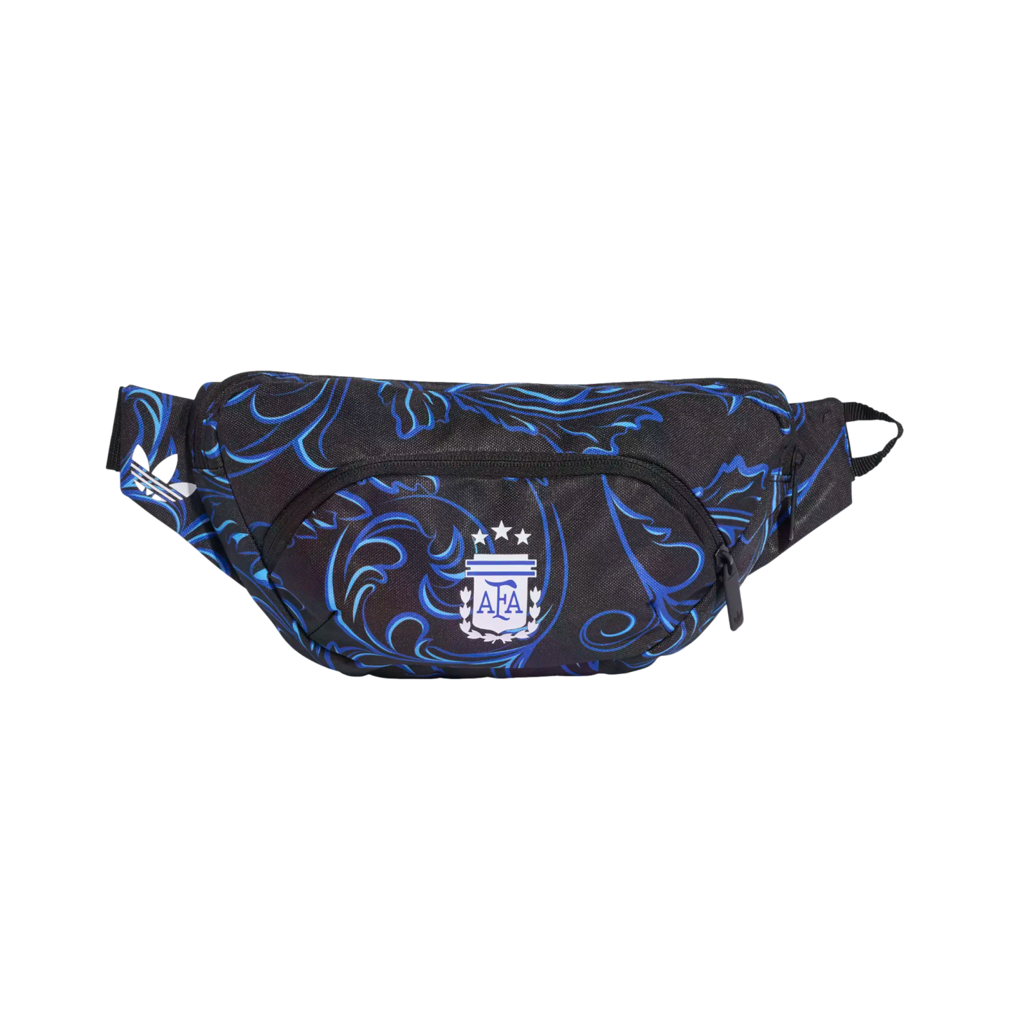 An Adidas fanny pack with a black and blue swirl pattern, featuring the Argentina National Football Team (AFA) three-star crest on the front pocket.
