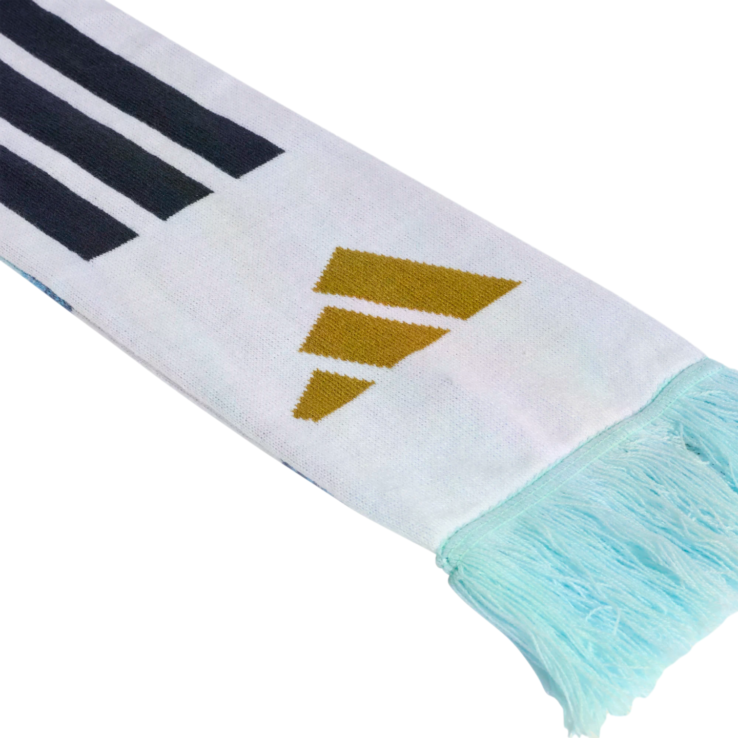 White scarf with three black diagonal stripes, a gold three-bar logo, and light blue fringe at the end.
