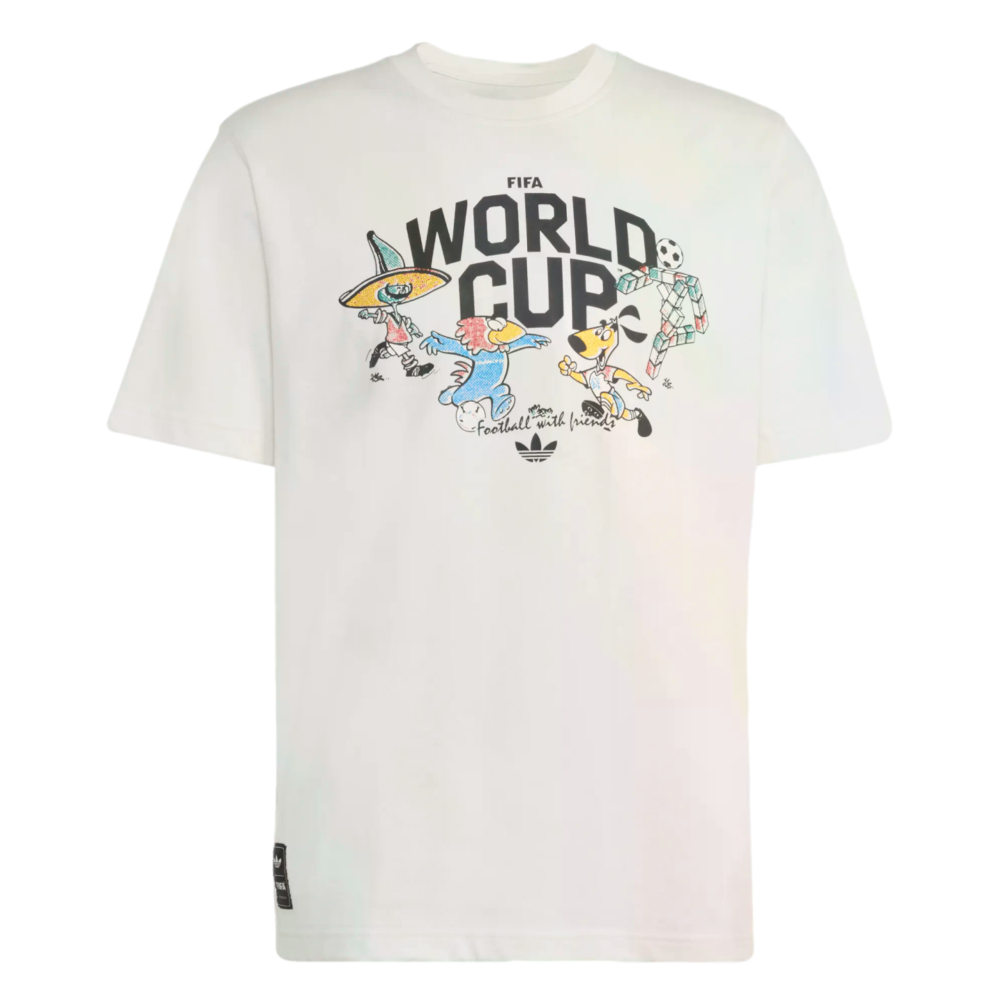 White Adidas t-shirt with "FIFA WORLD CUP" text and colorful cartoon soccer mascots. Below is the script "Football with friends" and an Adidas trefoil logo.