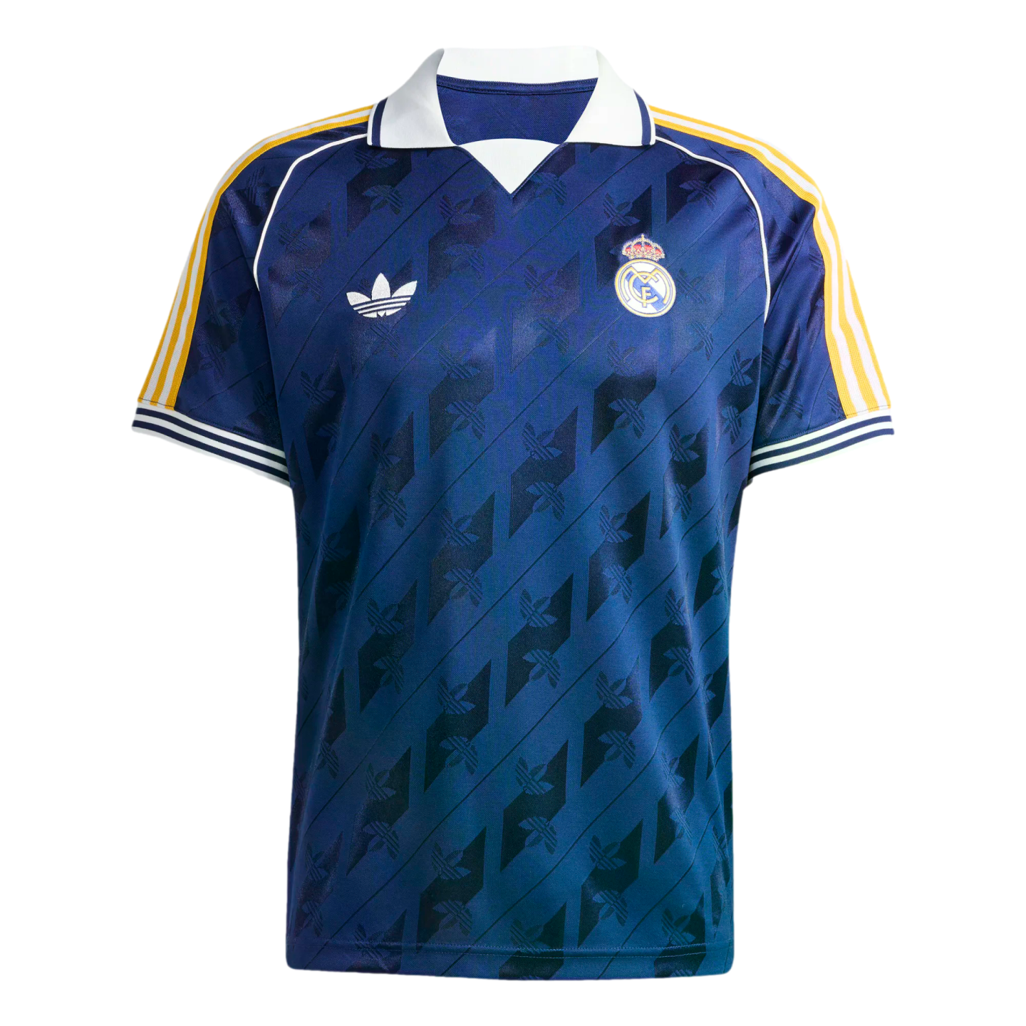 A navy blue Real Madrid football jersey with a white polo collar, yellow shoulder stripes, and a tonal diagonal pattern featuring the Adidas trefoil logo.