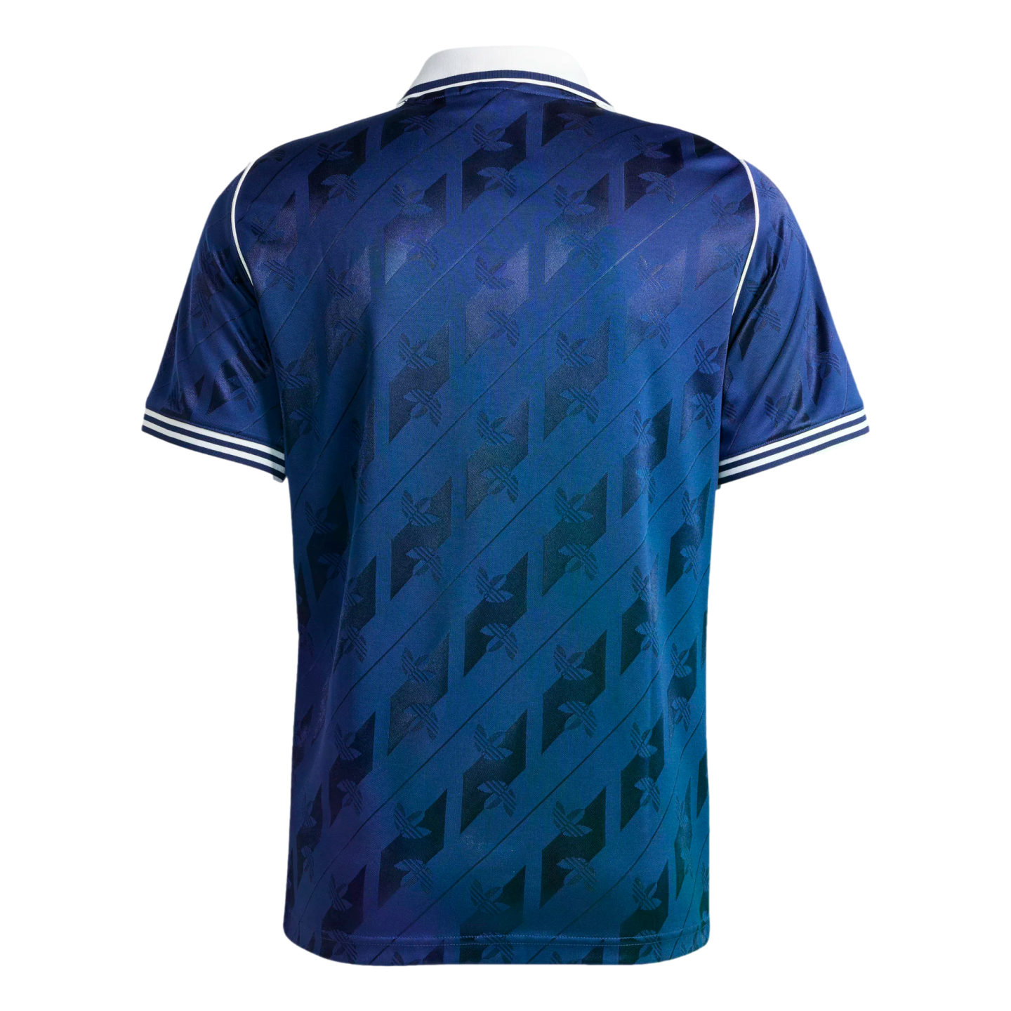 Back view of a navy blue short-sleeved jersey with a shiny geometric pattern and trefoil logos. Features a white collar and striped white trim on the sleeve cuffs.