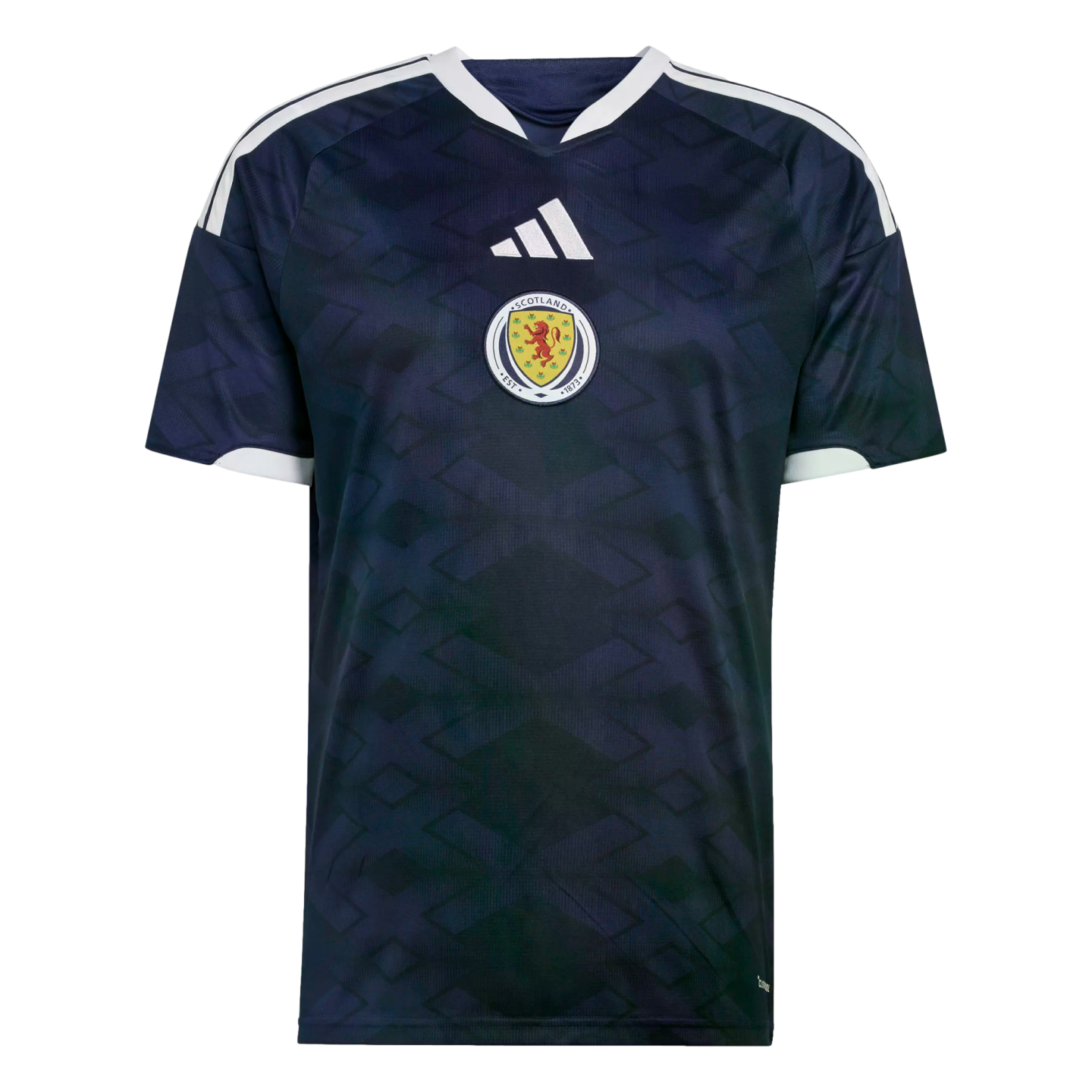 Dark blue Adidas Scotland national football team home jersey with a subtle geometric pattern, white trim, and a central team crest.