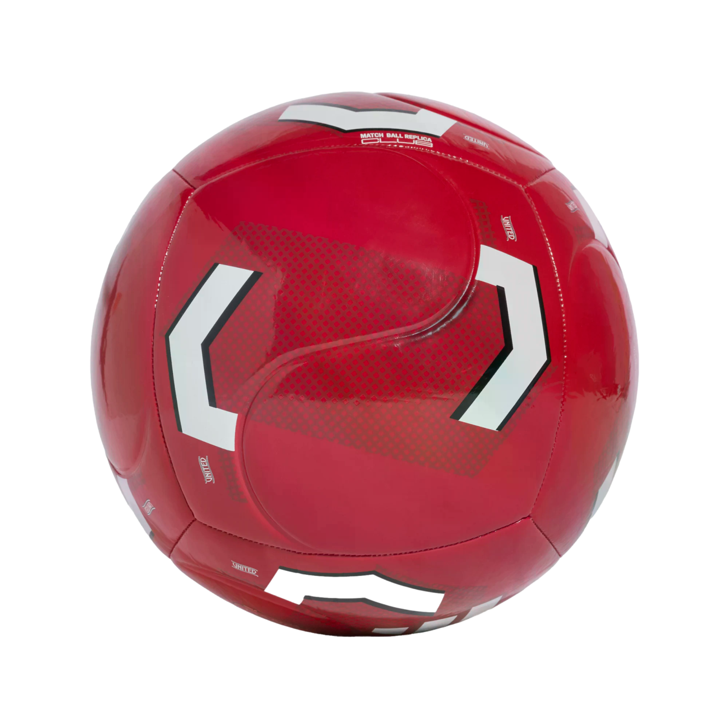 A shiny red soccer ball with white angular markings and a textured finish, isolated on a white background.