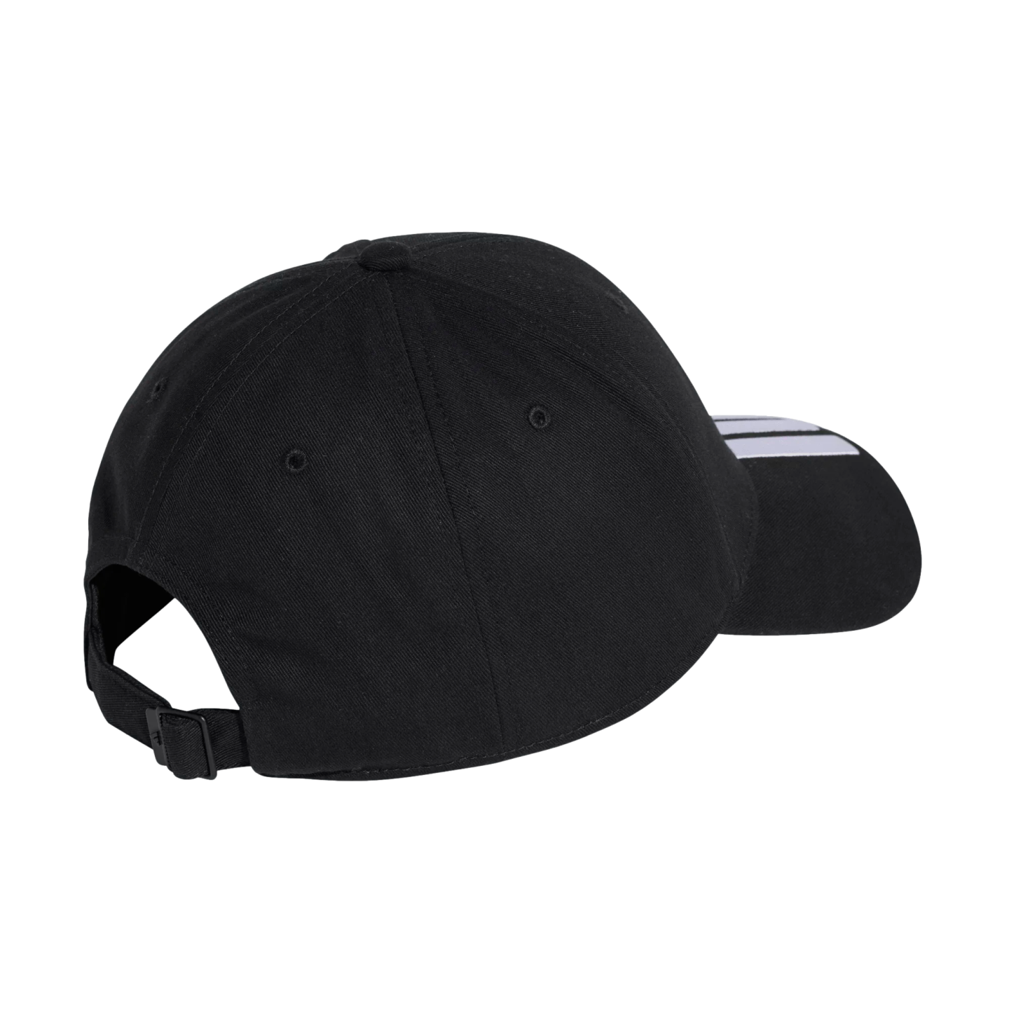 Rear side view of a black baseball cap with three white stripes on the brim and an adjustable back strap.