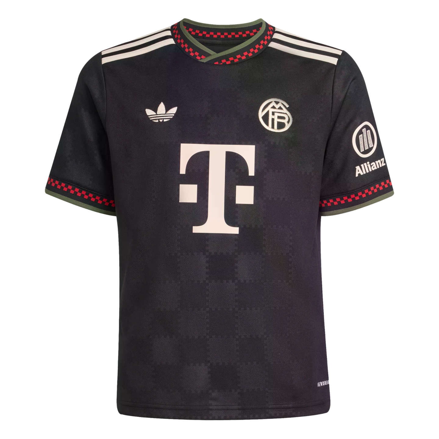 Black soccer jersey with a white T-logo, trefoil Adidas mark, and circular crest. Features red and green checkered trim on the collar and cuffs.