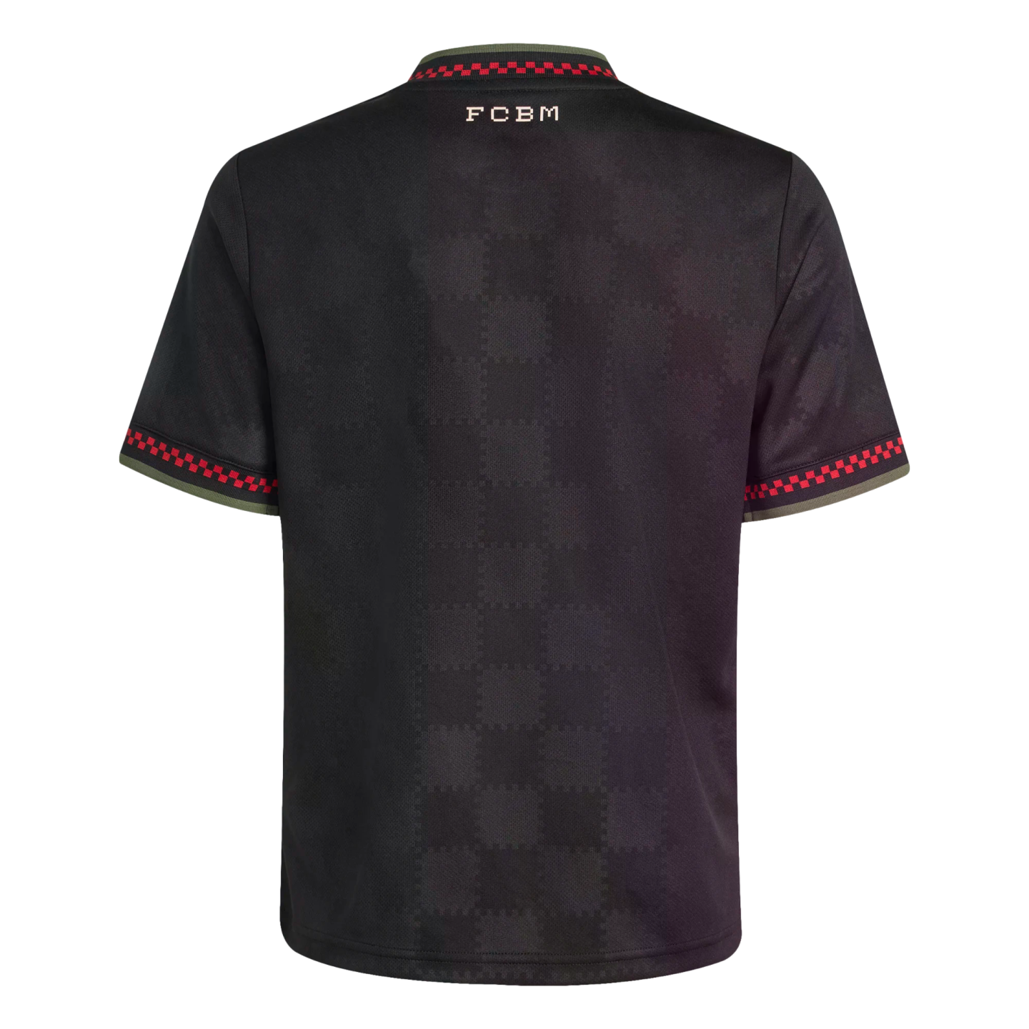 Back of a black short-sleeved jersey with a tonal checkerboard pattern, "FCBM" on the upper back, and red-and-black checkered trim on the olive green collar and sleeve cuffs.