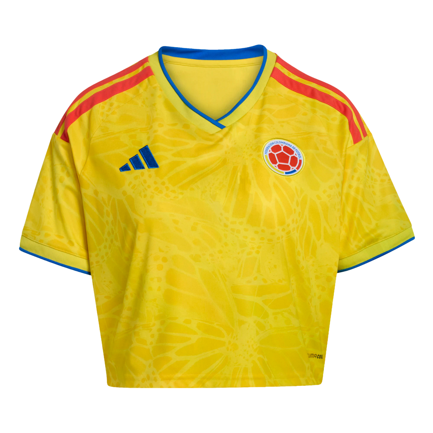 A yellow Colombia national team crop-top soccer jersey featuring a subtle tonal pattern and red-and-blue accents.