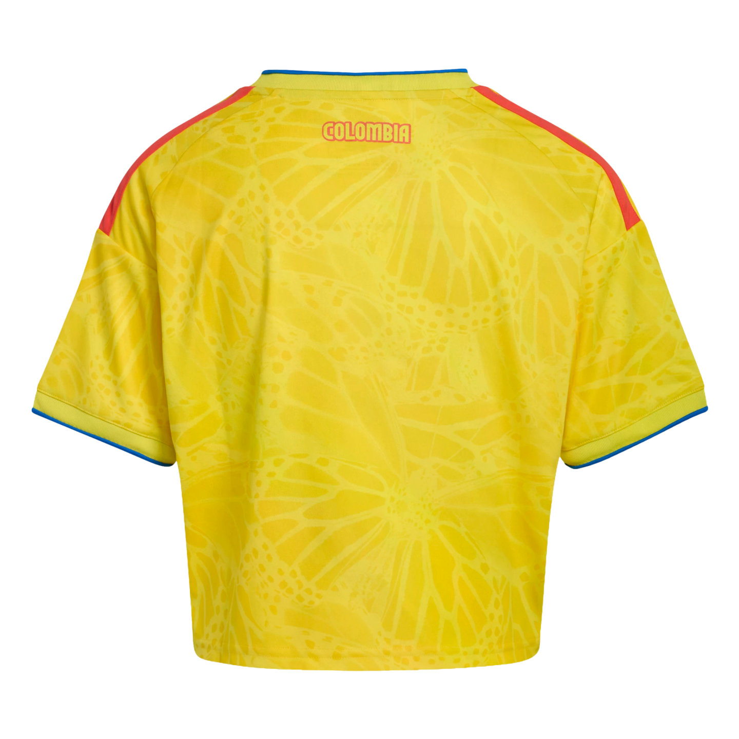 Back view of a yellow Colombia soccer jersey with a butterfly wing pattern, red shoulder stripes, blue sleeve trim, and "COLOMBIA" printed on the upper back.