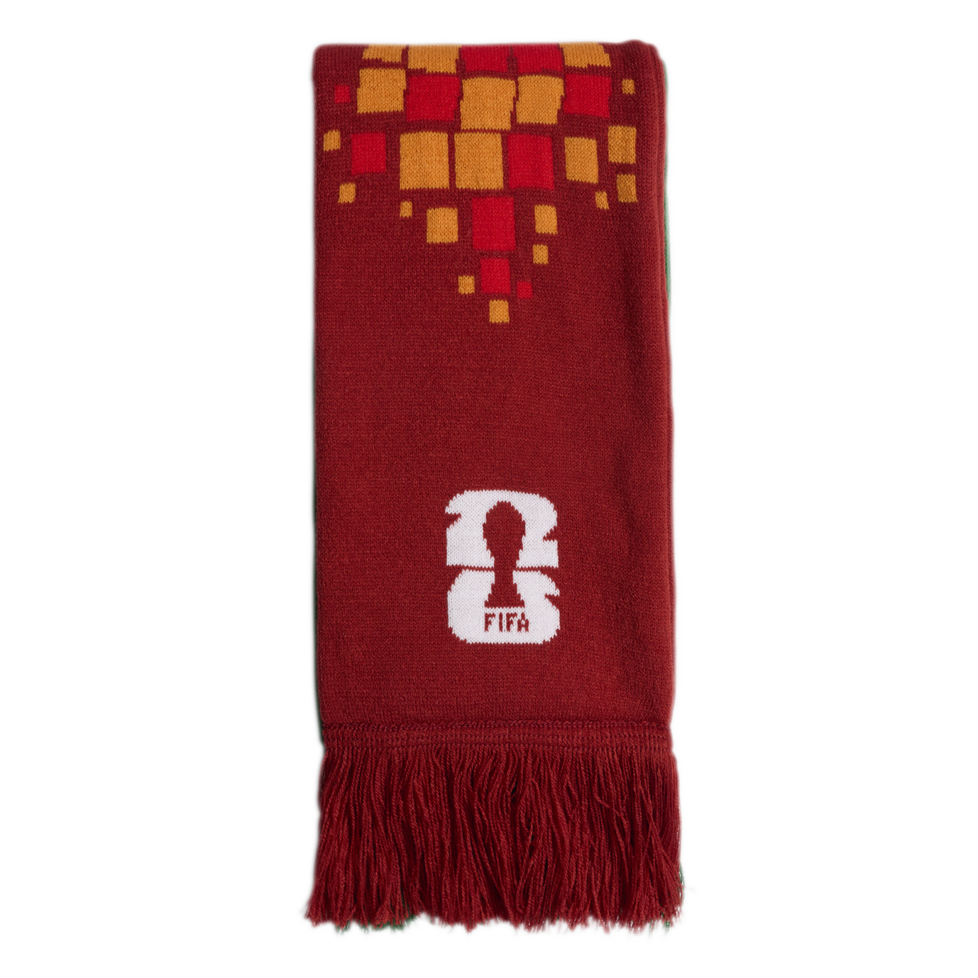 A red scarf featuring an orange and yellow square pattern, a white FIFA 26 logo, and red fringe at the bottom.
