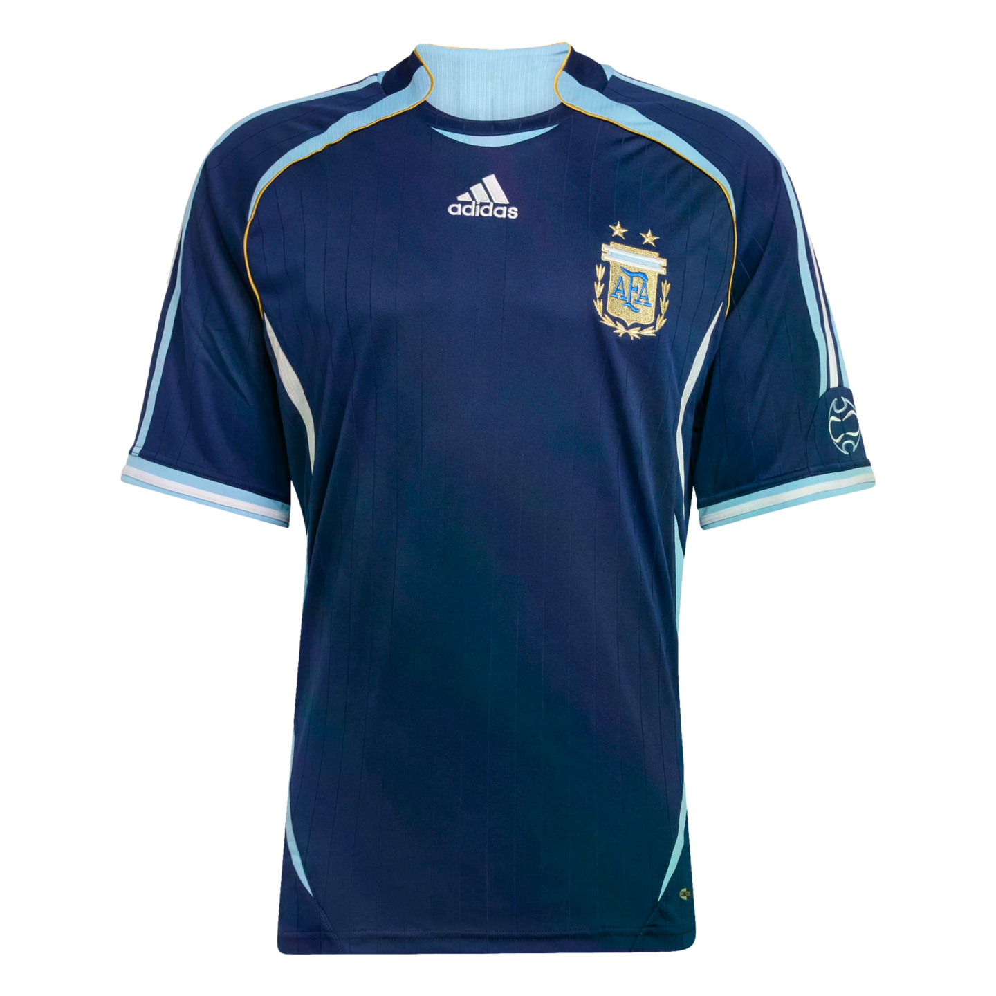 Dark blue Adidas Argentina away soccer jersey featuring light blue and gold trim and the national team crest on the chest.