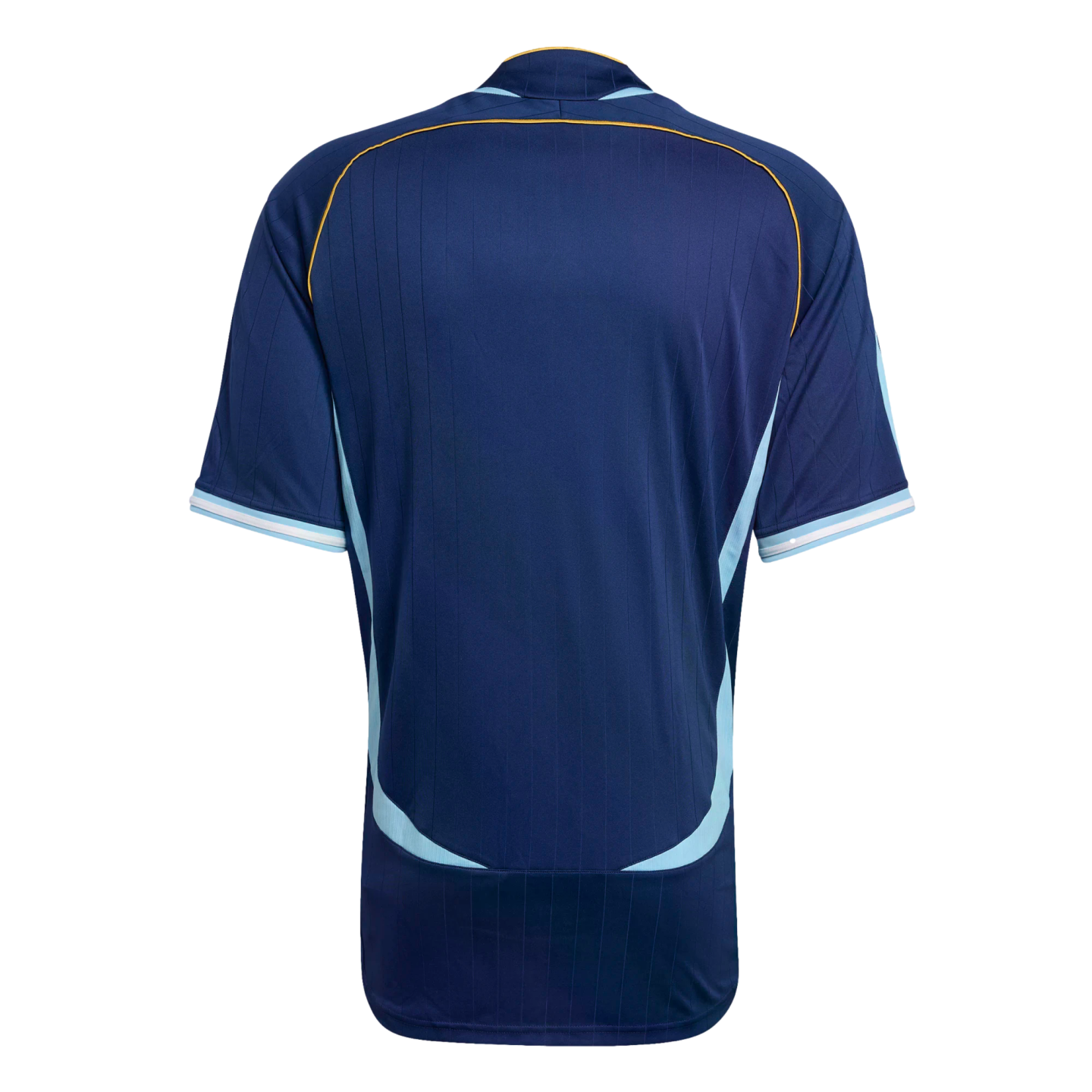 Back view of a navy blue short-sleeved jersey featuring light blue curved side panels, yellow shoulder piping, and white-striped cuffs.