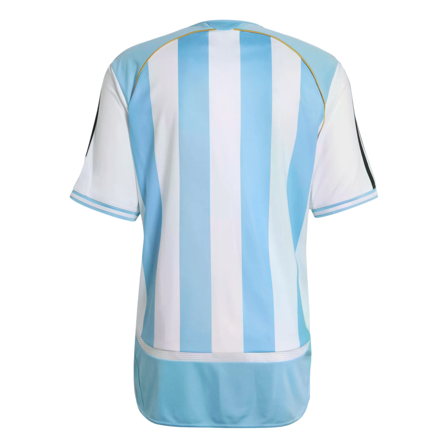 Back view of a light blue and white vertically striped soccer jersey with gold shoulder piping and three black sleeve stripes, isolated on a black background.