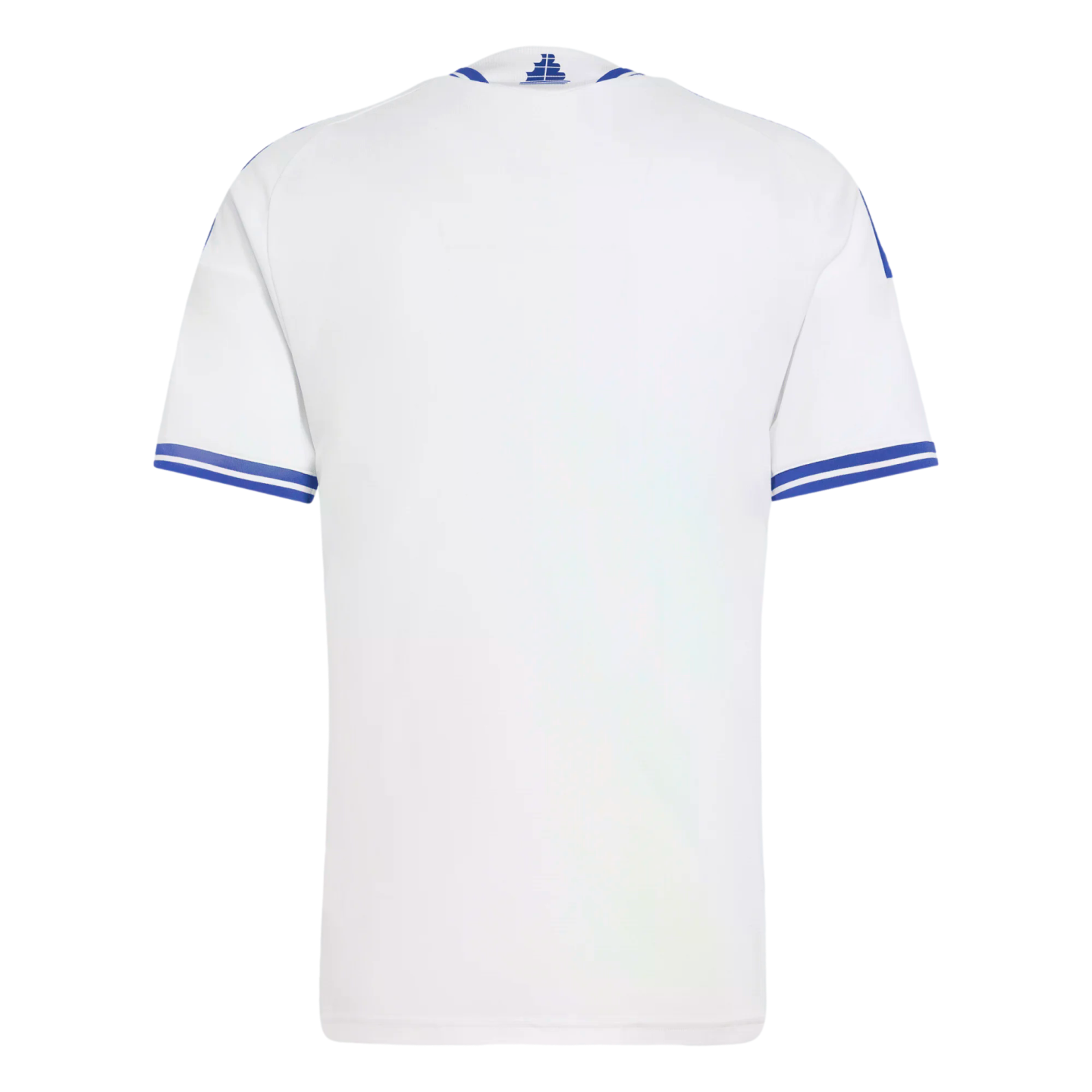 The back of a white short-sleeved sports jersey with blue and white striped trim on the cuffs and collar, featuring a small blue logo at the nape of the neck.