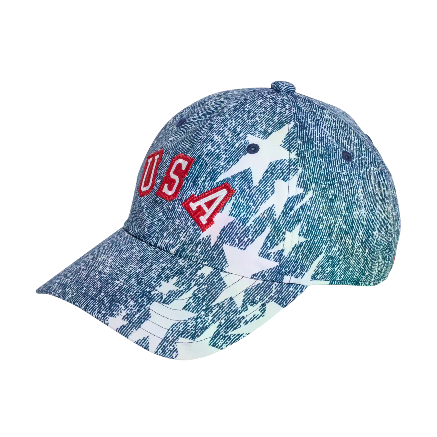 A blue denim-style baseball cap featuring red "USA" embroidery and white stars on the crown and brim, set against a black background.