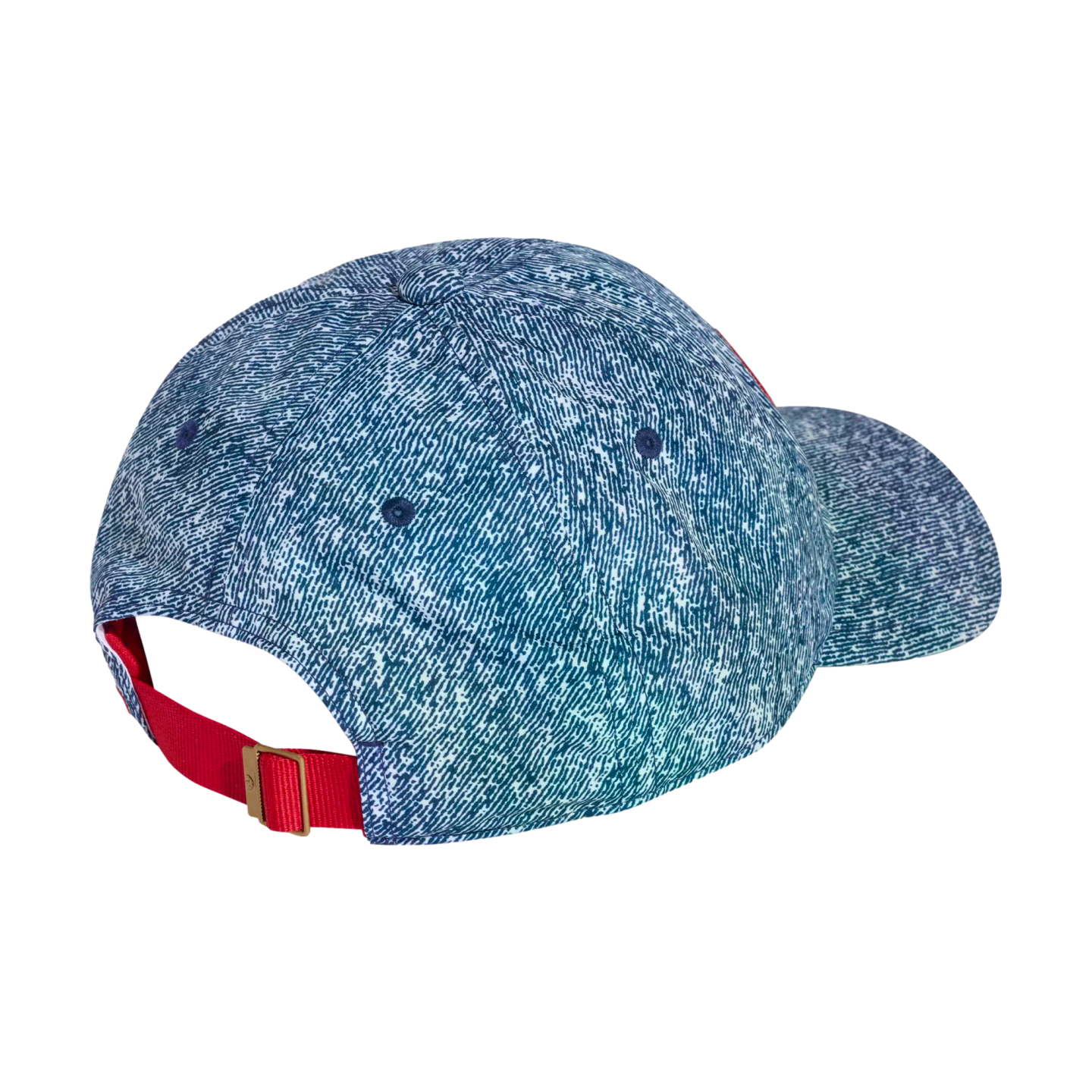 Rear-side view of a blue and white textured baseball cap with a red adjustable strap and brass buckle, isolated on a black background.
