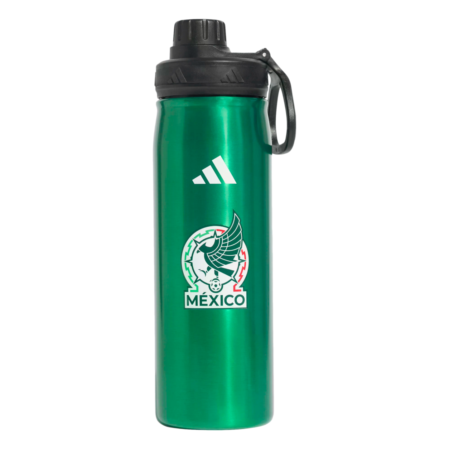 A metallic green Adidas water bottle with a black lid, featuring the white Adidas logo and the Mexico national football team crest.