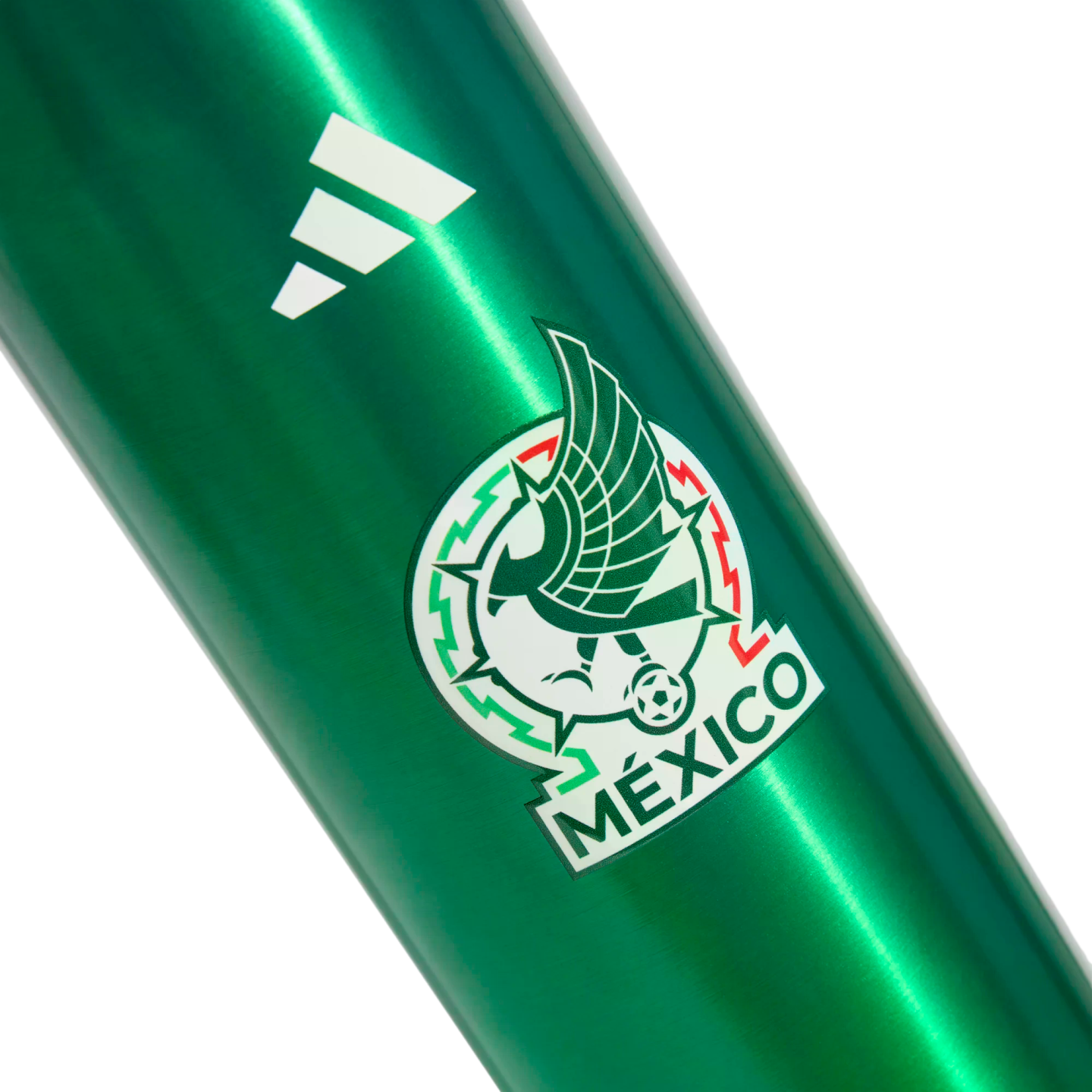 Close-up of a green metallic bottle showing the white Adidas logo and Mexico national football team crest.