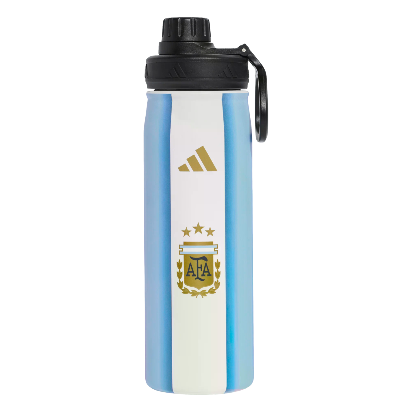 Adidas water bottle featuring Argentina national team's light blue and white stripes, gold Adidas logo, and AFA crest with three stars.