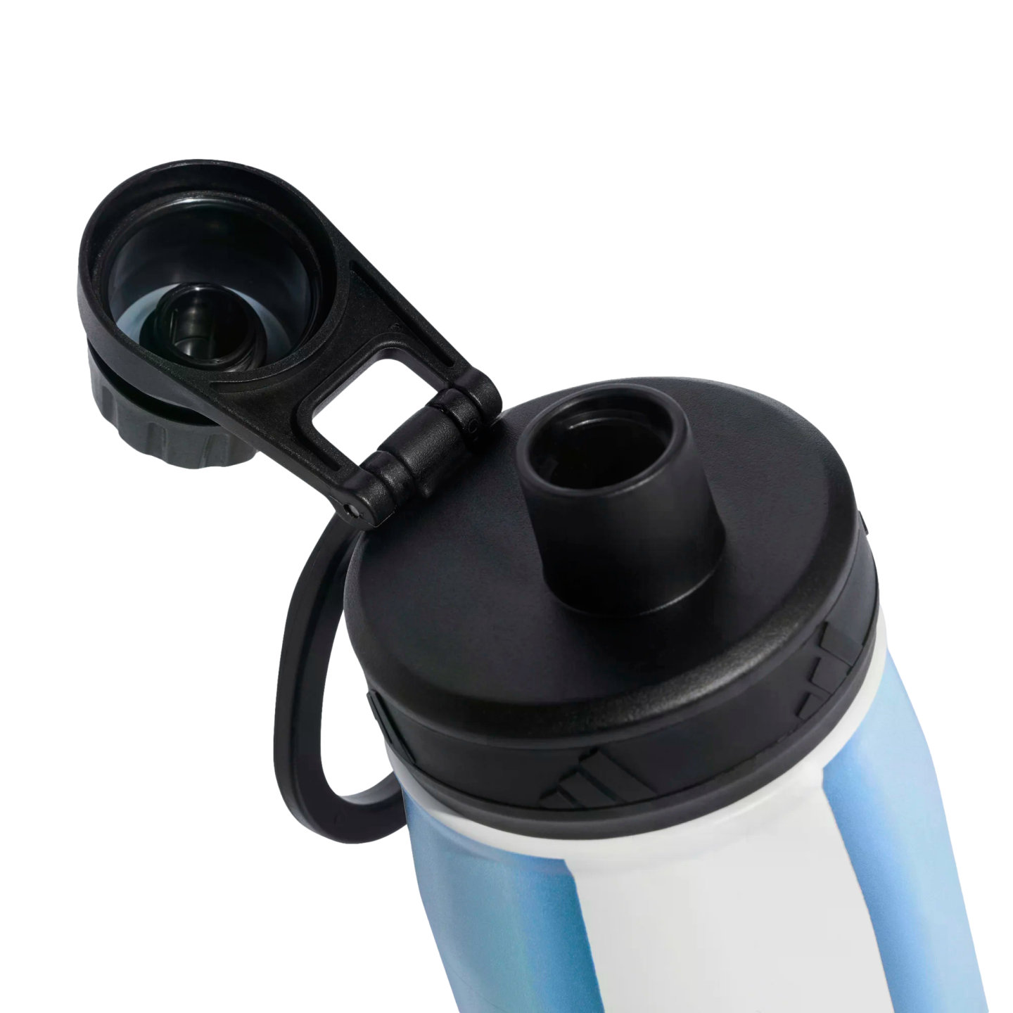 Close-up of a blue and white water bottle with its black flip-top lid open, revealing the drinking spout.