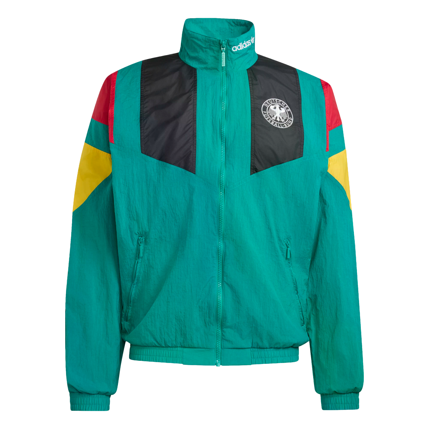 A teal Adidas zip-up windbreaker featuring black panels on the chest, red and yellow accents on the shoulders, and the German national football team crest.