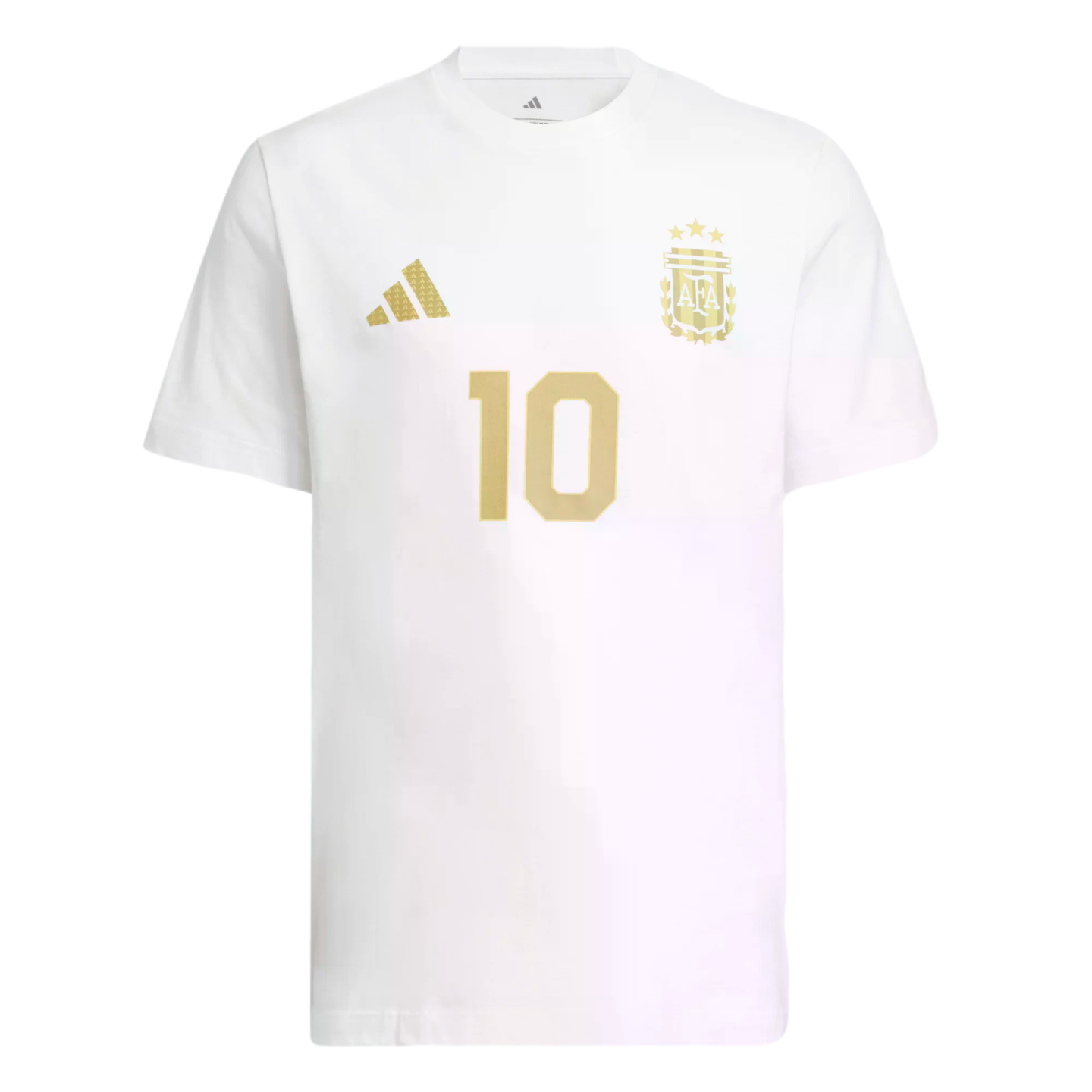White short-sleeved t-shirt featuring a gold Adidas logo, the Argentina national team crest with three stars, and the number 10, all in gold.