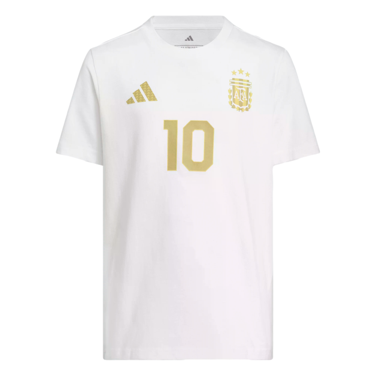 White Adidas t-shirt featuring a gold Argentina national football team crest with three stars and a gold number 10 on the front.