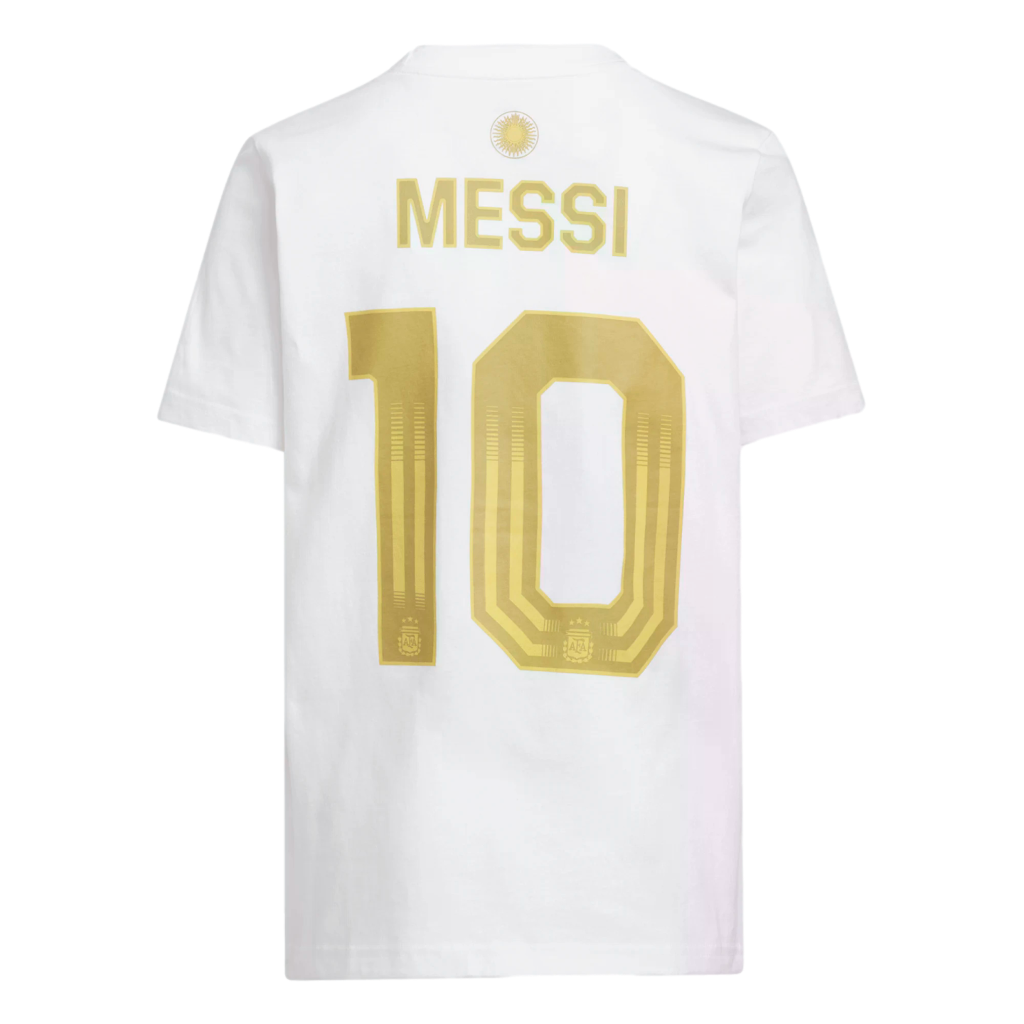 Back of a white t-shirt featuring the name 'MESSI' and the number '10' in large gold print.