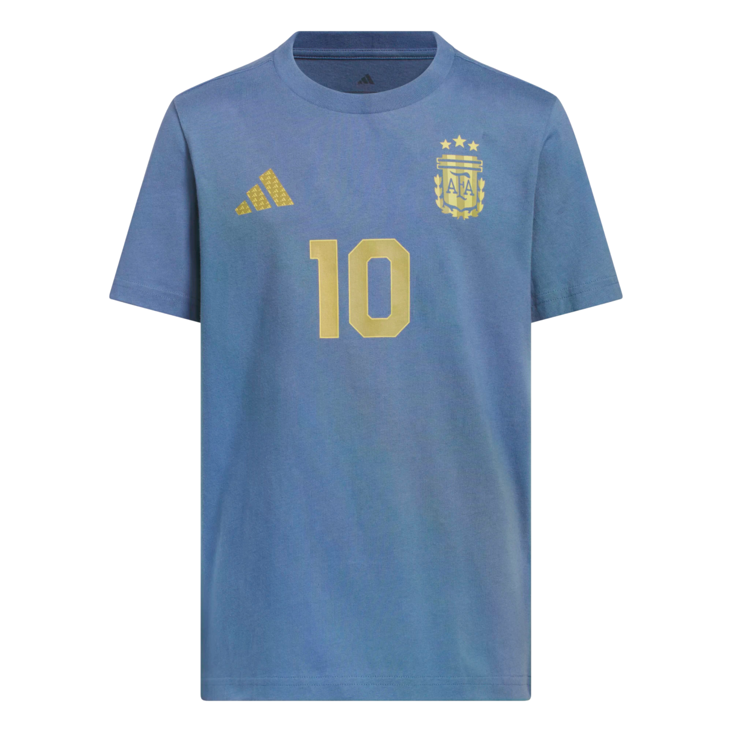 A blue youth Adidas t-shirt featuring a gold Argentina national football team crest, gold Adidas logo, and the number 10 centered in gold.