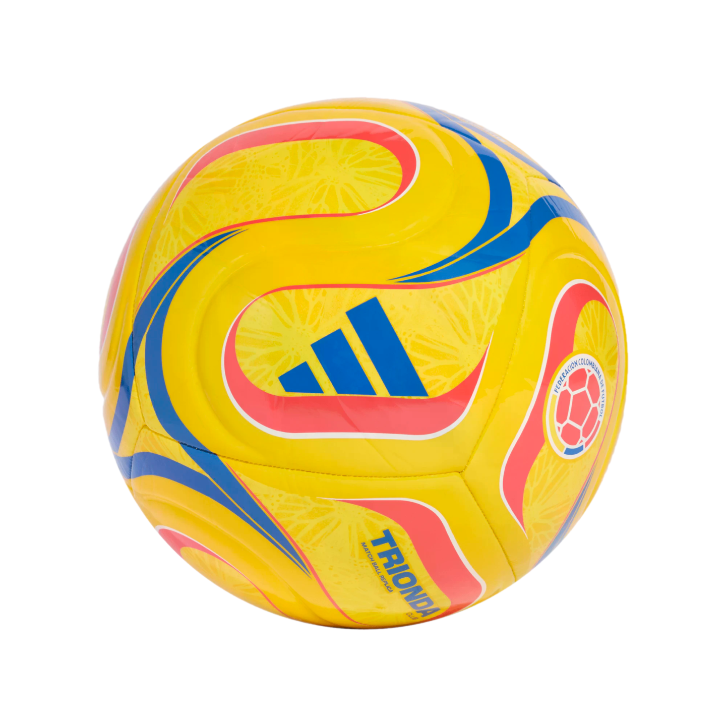 A bright yellow soccer ball with blue and red swirl patterns, featuring the blue Adidas logo and the Colombian Football Federation crest. "TRIONDA CLUB" is printed in blue on the lower section.