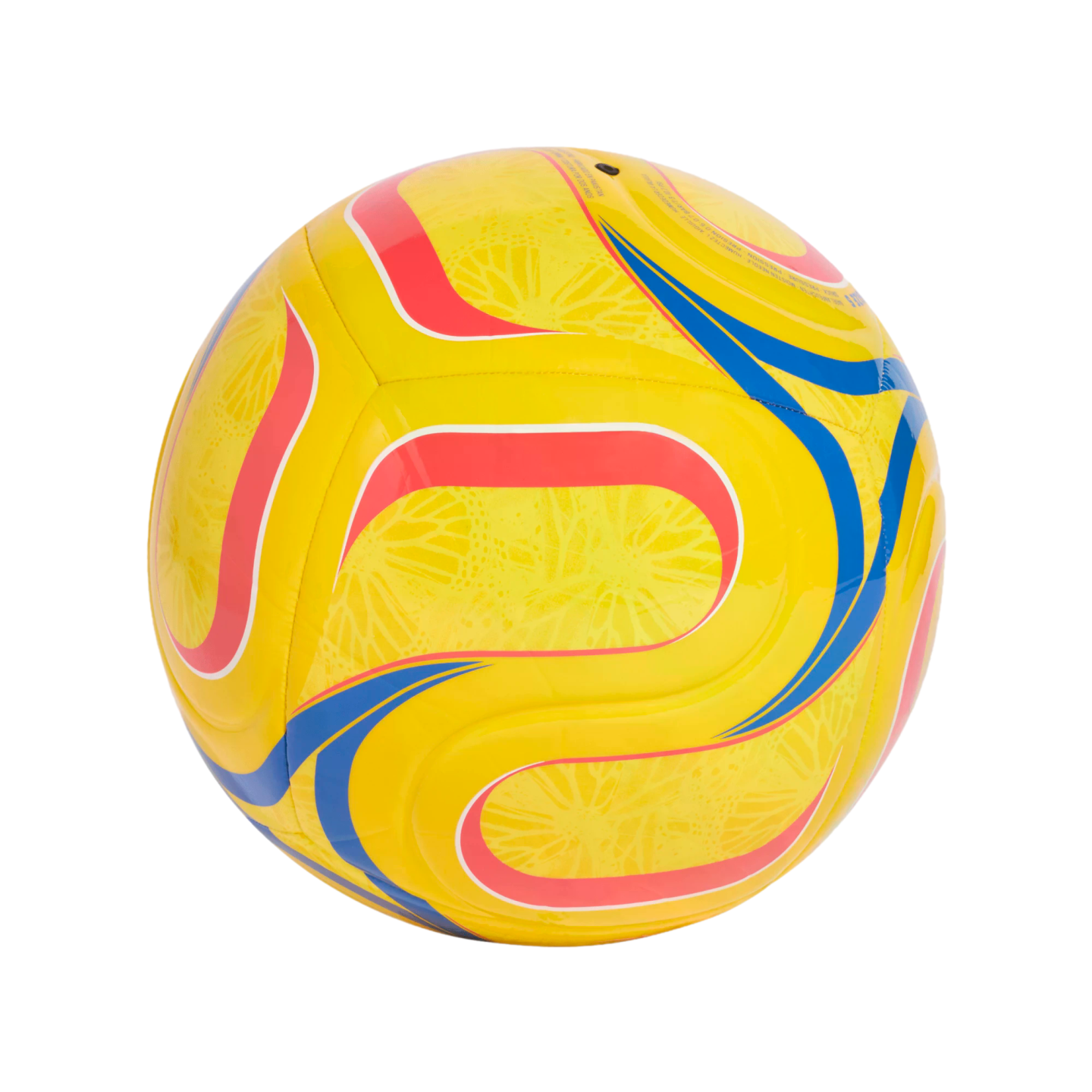Bright yellow soccer ball with bold red and blue wavy patterns and subtle textured graphics.