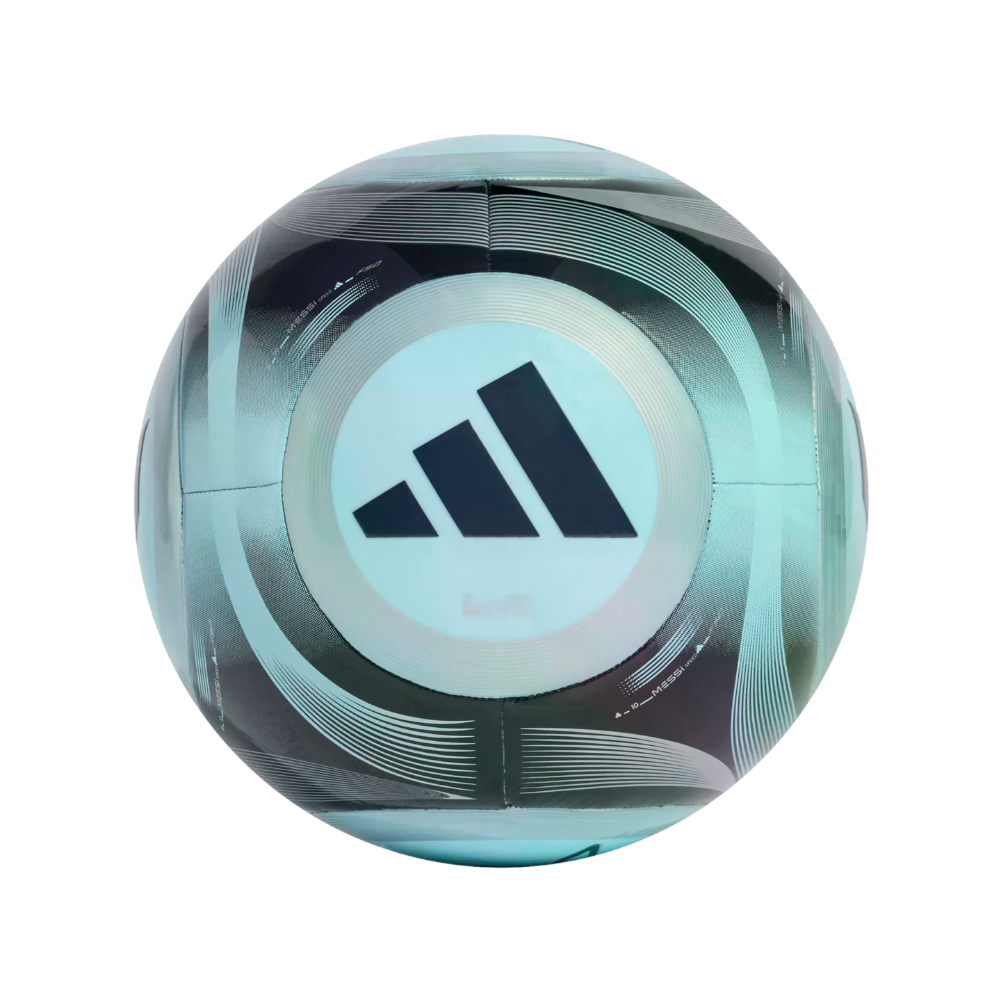 A light blue and black Adidas soccer ball featuring the brand's three-stripe logo and Messi-themed graphics.