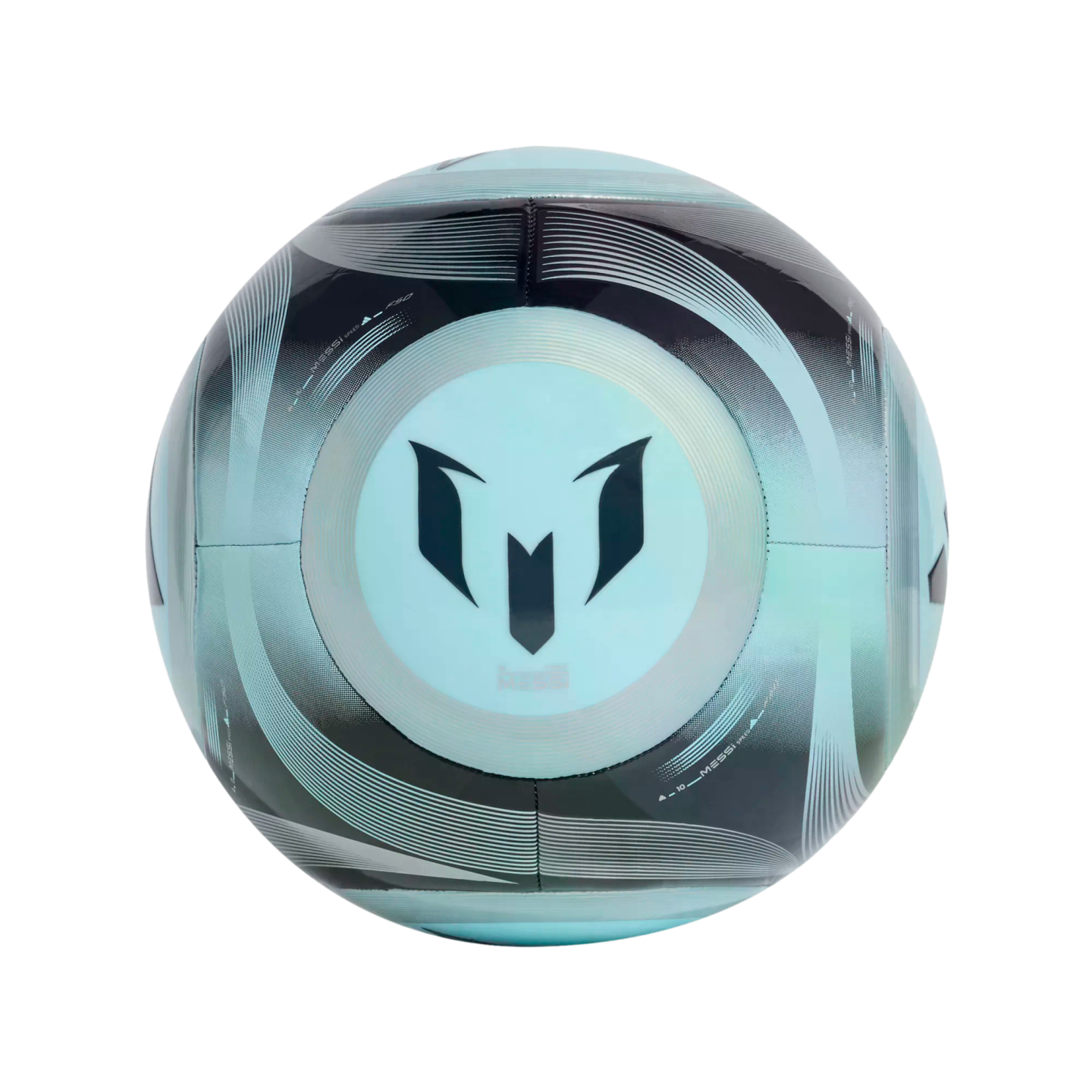 Soccer ball with a light blue and black design, featuring Lionel Messi's personal logo in the center and swirling graphic patterns.