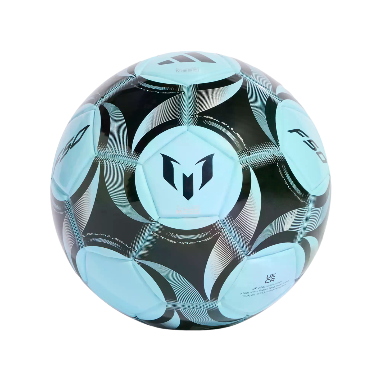 Light blue and black Adidas F50 soccer ball featuring Lionel Messi's logo and abstract patterns, centered on a black background.