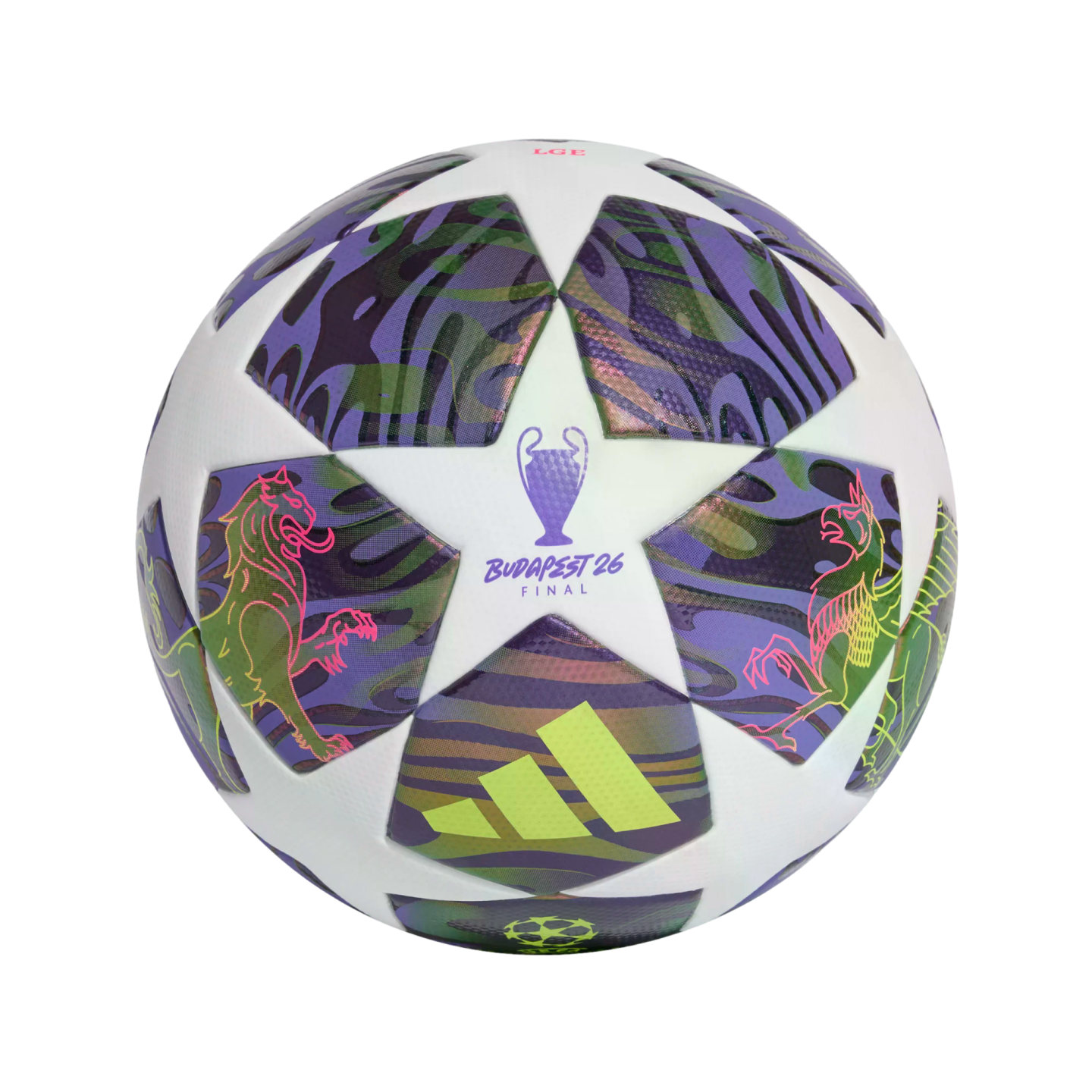 White soccer ball with purple and green star patterns featuring the UEFA Champions League Budapest 26 Final logo and mythical creatures.