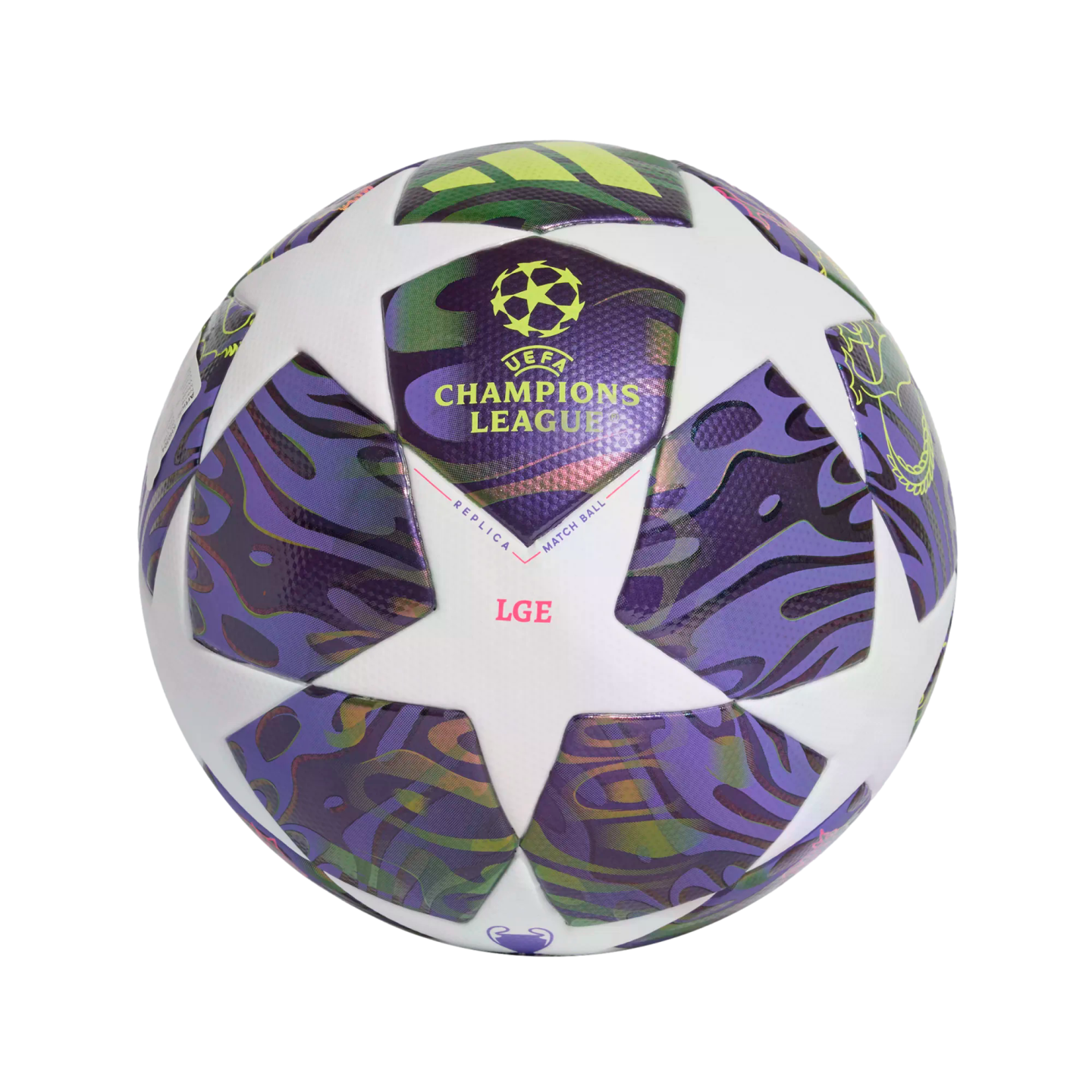 A soccer ball featuring the UEFA Champions League logo, with white star panels and iridescent purple, blue, and green patterned sections.