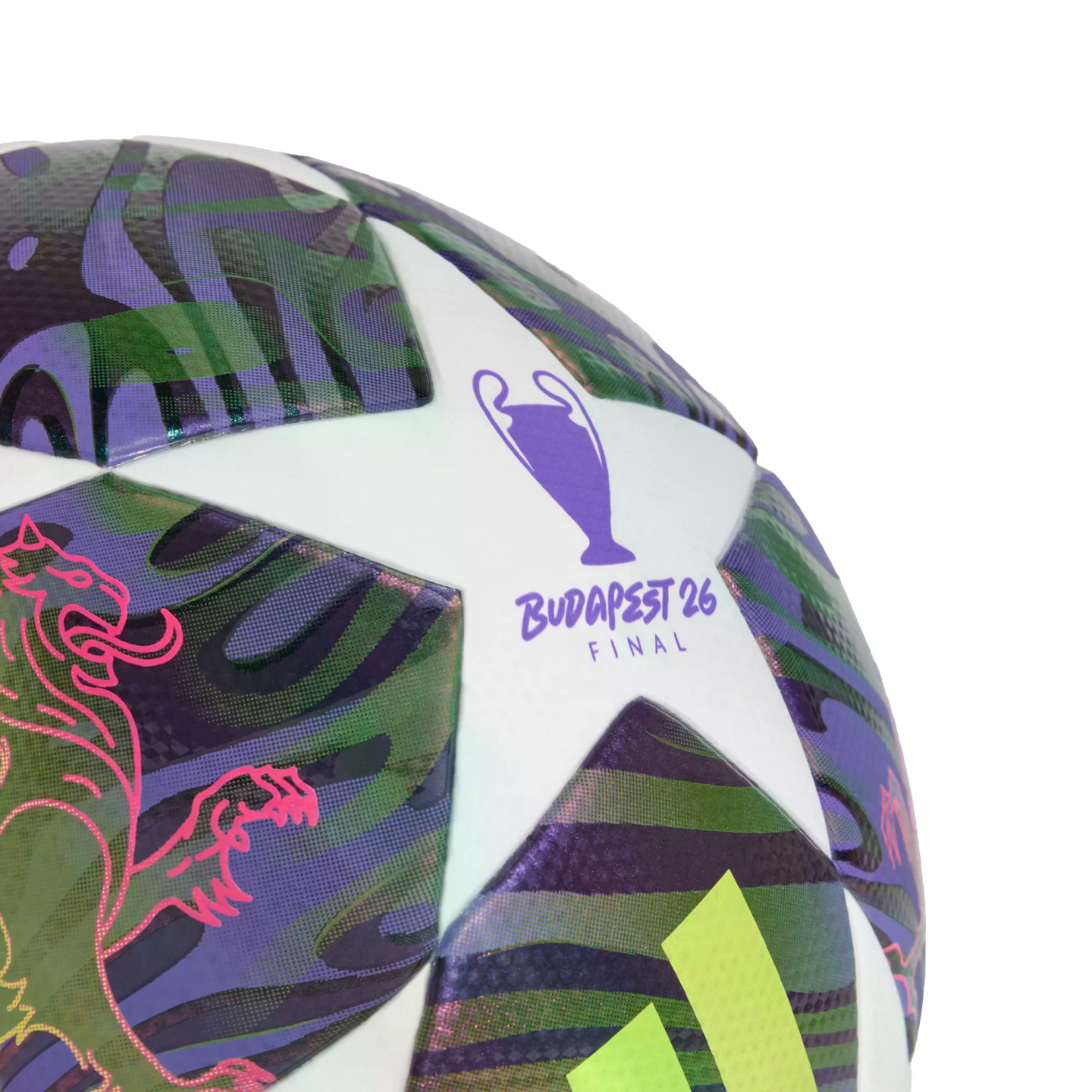 Close-up of a UEFA Champions League soccer ball featuring "BUDAPEST 26 FINAL" on a white star panel, with purple, green, and pink graphic patterns.