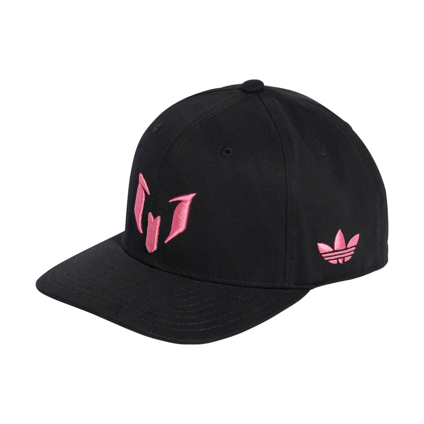 A black baseball cap with a pink Messi logo on the front and a pink Adidas Trefoil logo on the side, against a black background.