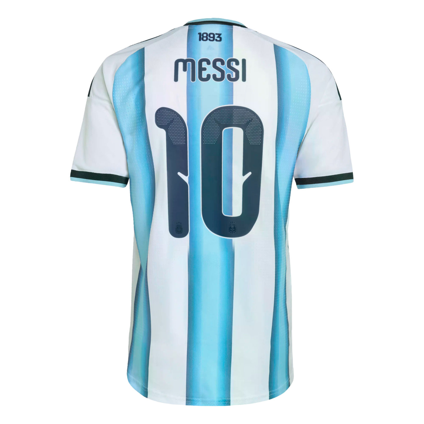 Back view of a light blue and white striped Argentina soccer jersey featuring the name "MESSI" and the number "10" in dark blue lettering.
