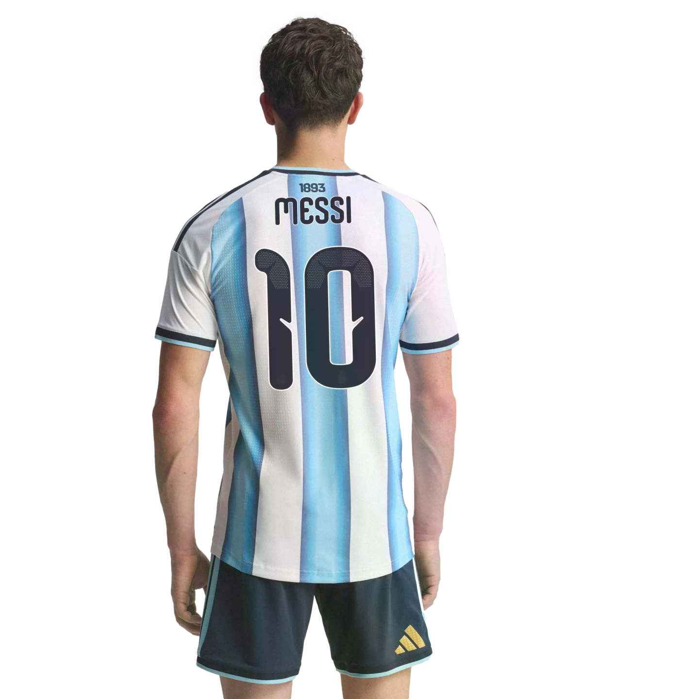 Back view of a man wearing an Argentina soccer jersey with "MESSI" and number 10, paired with dark blue shorts against a solid black background.