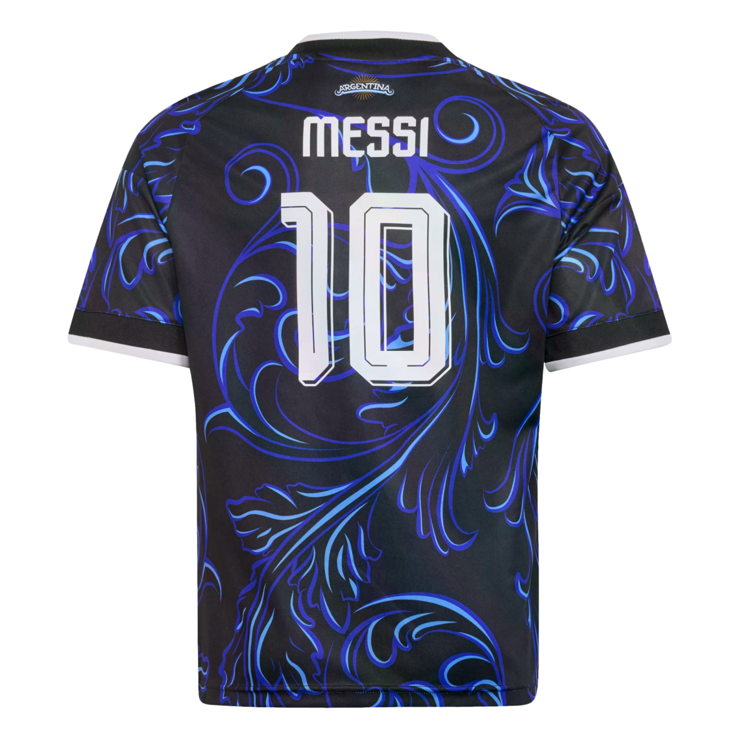 Back of a black Argentina soccer jersey with blue swirl patterns, featuring the name MESSI and the number 10 in white.