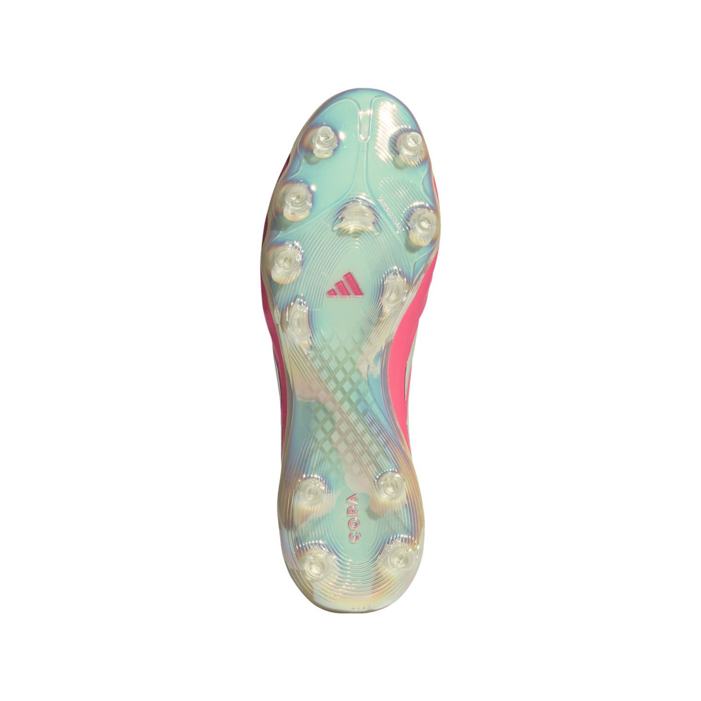 Bottom view of an iridescent light blue and pink Adidas Copa football boot sole with transparent conical studs.