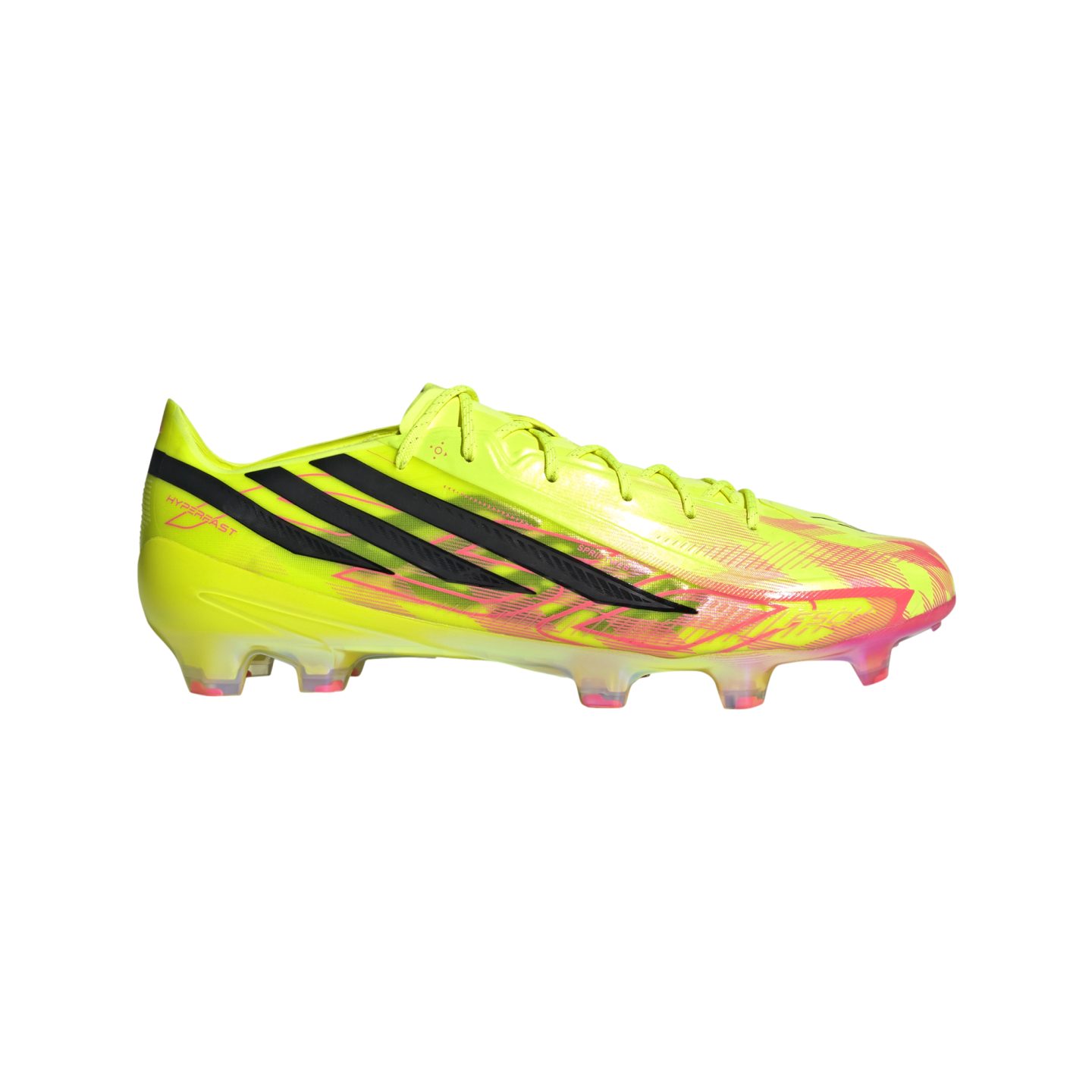 Profile of a neon yellow Adidas soccer cleat with black stripes and pink accents.