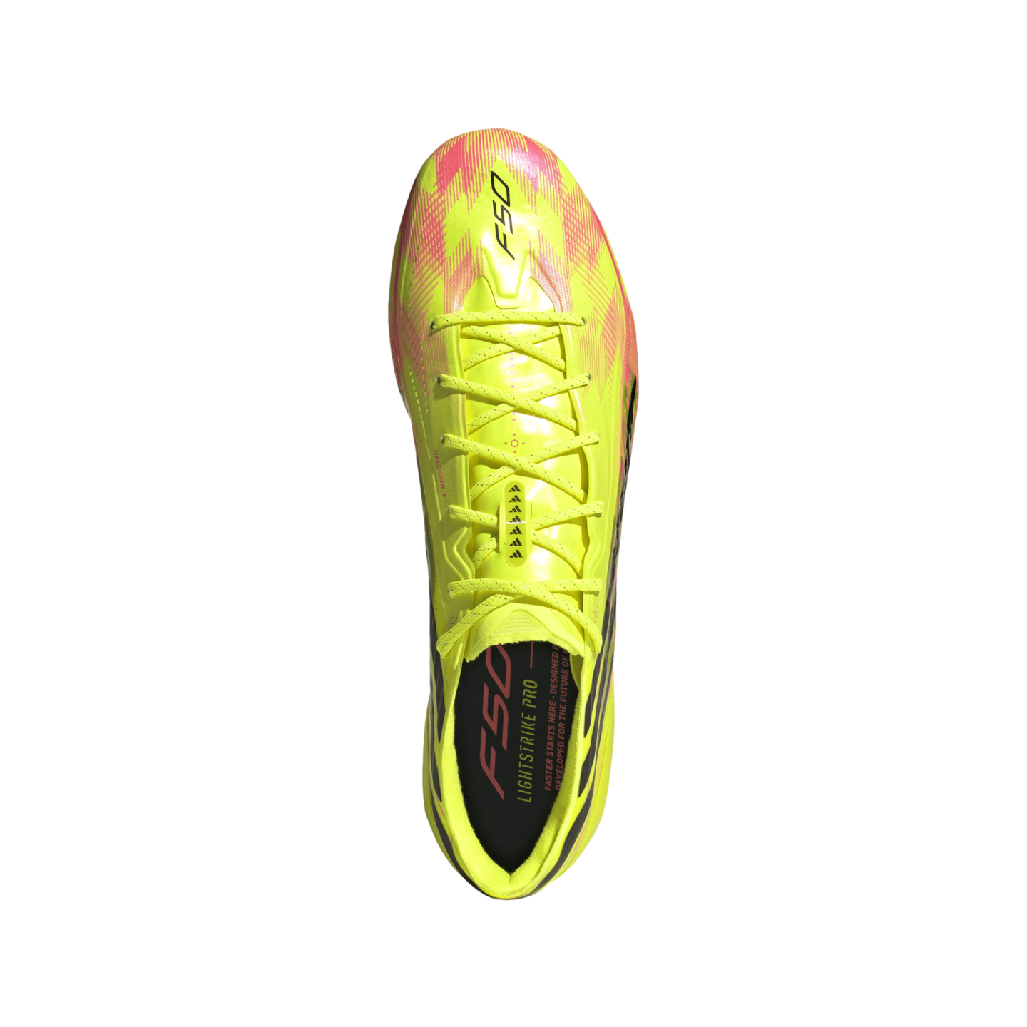 Top-down view of a neon yellow and pink Adidas F50 soccer cleat with matching laces against a black background.