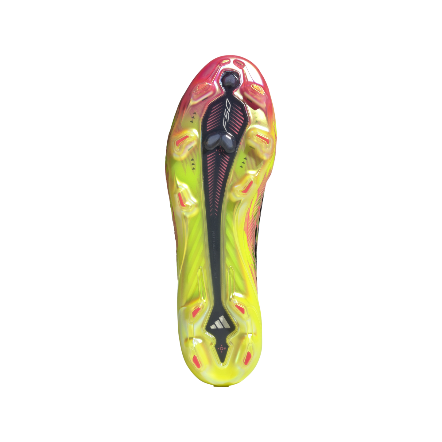 Bottom view of a neon yellow and pink Adidas F50 soccer cleat, showing its black traction plate and stud pattern.